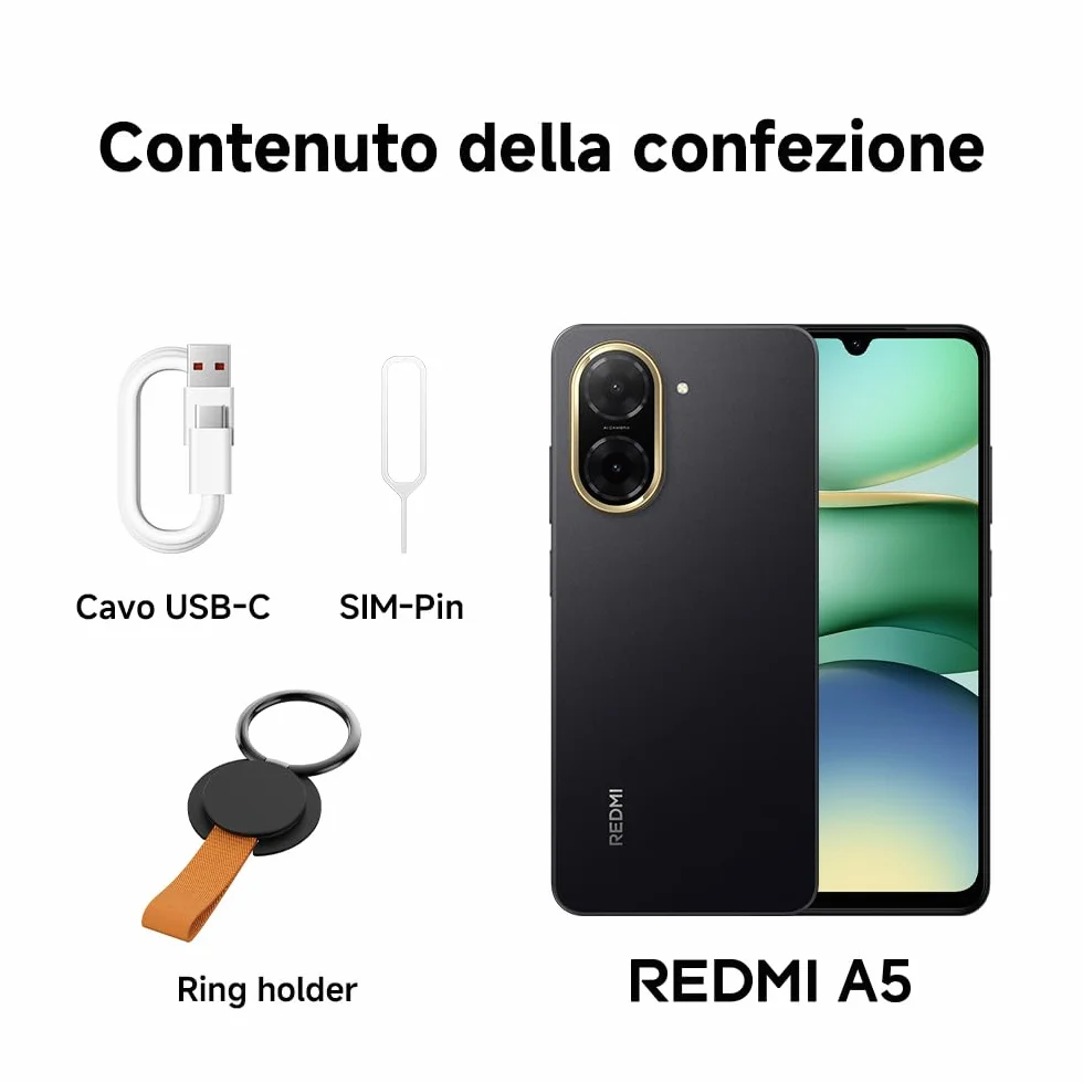 Redmi A5 Smartphone, 4+128GB, Nero, dual camera con AI da 32MP, ampia batteria da 5200mAh (typ), potente processore octa-core, display immersivo da 6,88" a 120Hz (caricatore non incluso)