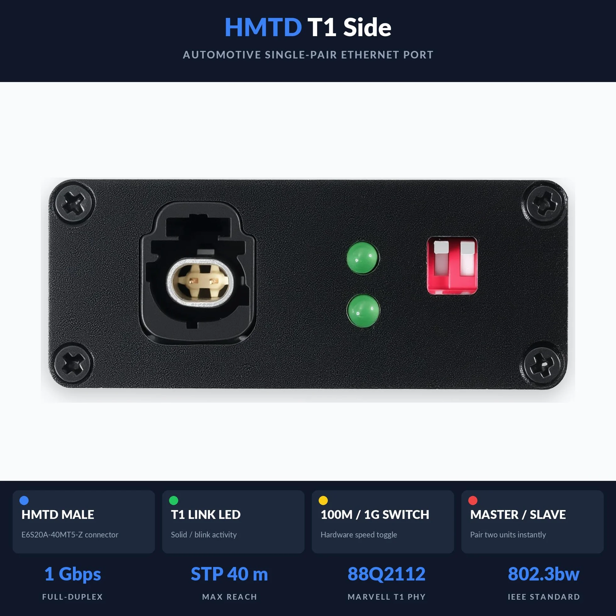 100/1000Base-T1-TX-HMDT Automotive Ethernet Media Converter - Adattatore 100/1000BASE-T1 to TX, Marvell 88Q2112 & Realtek RTL8211FI Phy, H-MDT Connector, Industrial Grade Type-C/DC Power