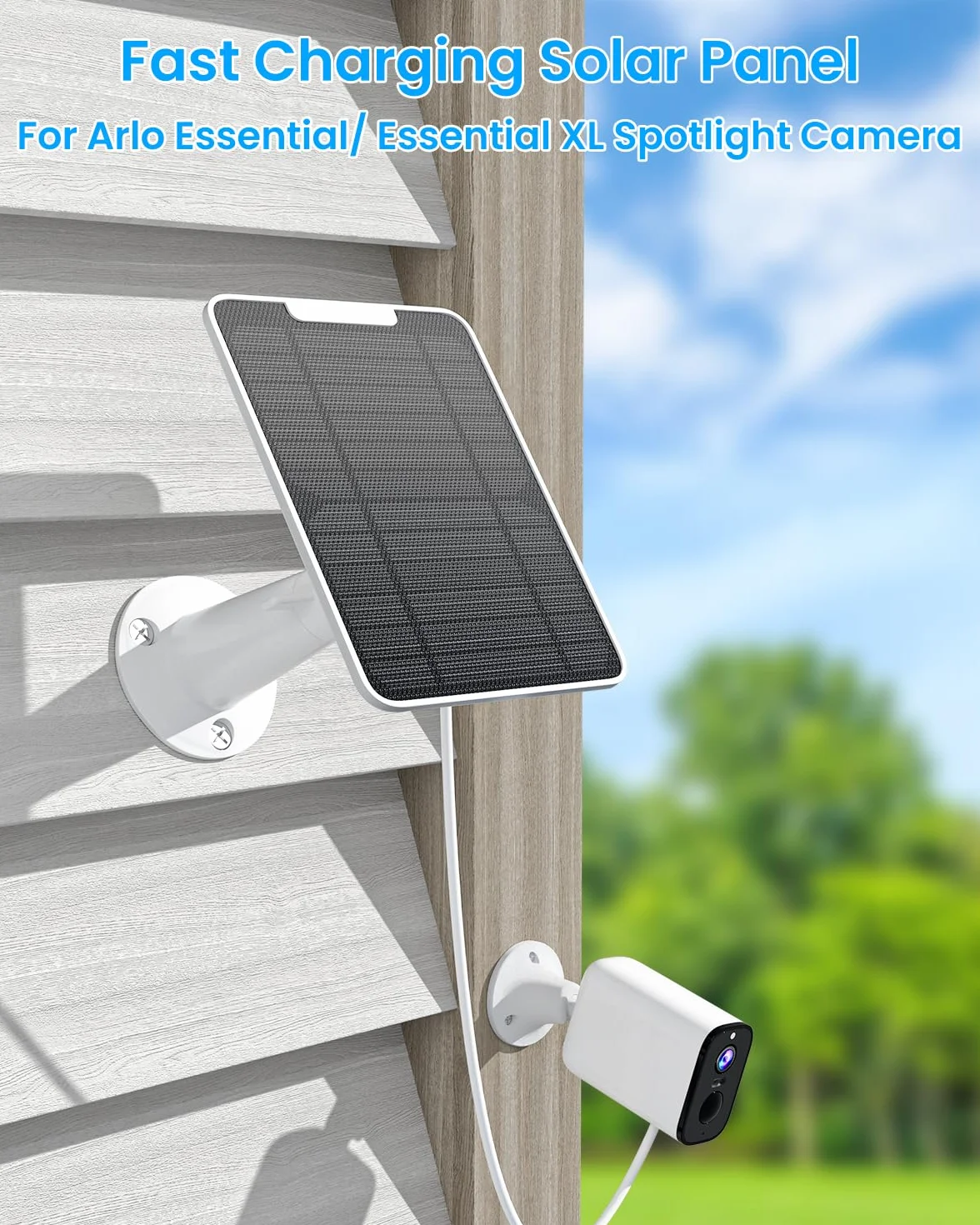 Caricatore per pannello solare compatibile con fotocamera Arlo Essential Spotlight/XL, caricatore per pannello solare Arlo Essential da 5 W, impermeabile IP65, cavo micro USB da 3 m e montaggio a