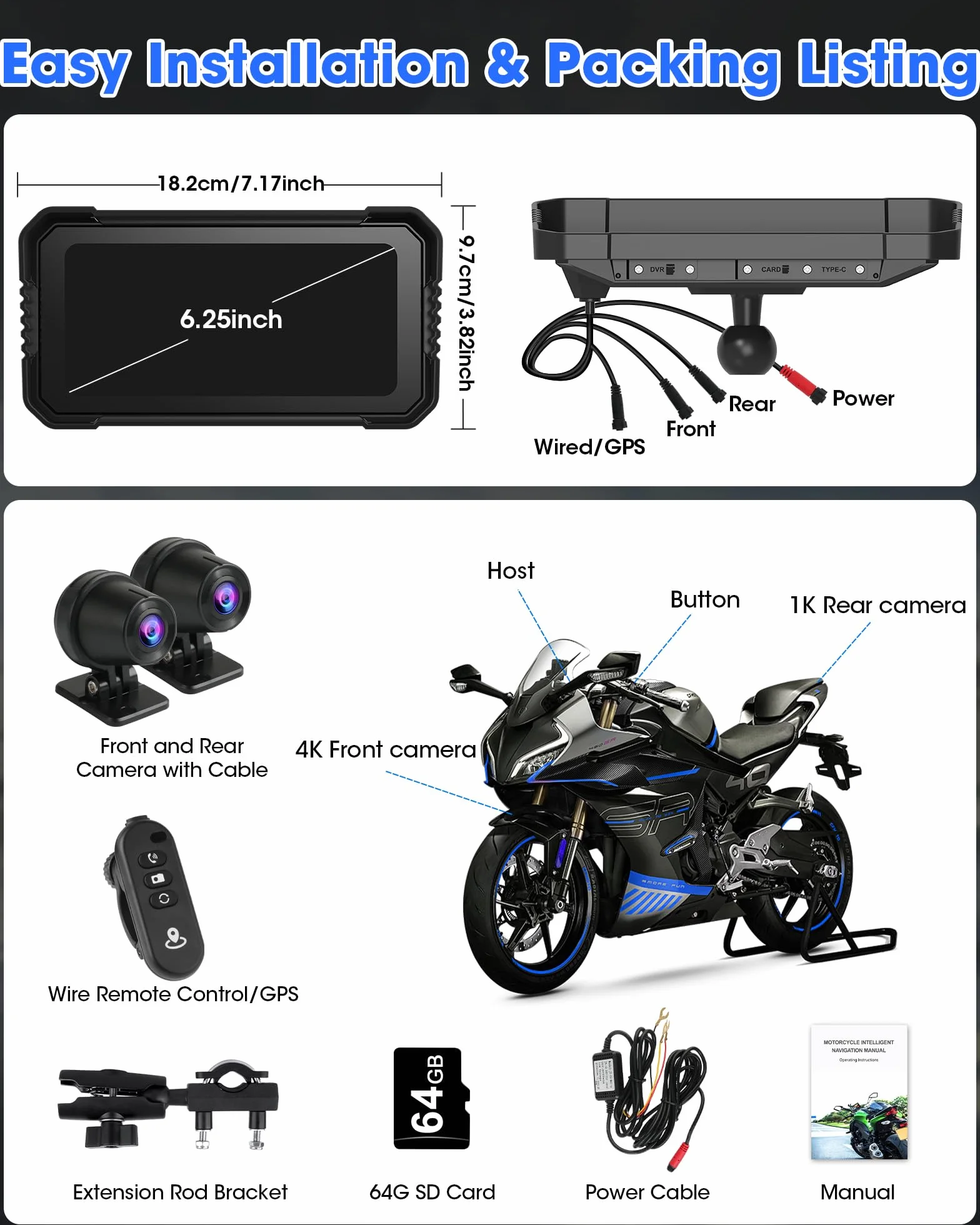 Navigatore Moto con CarPlay Android Auto 4K 6,25 Pollici WiFi GPS 64GB