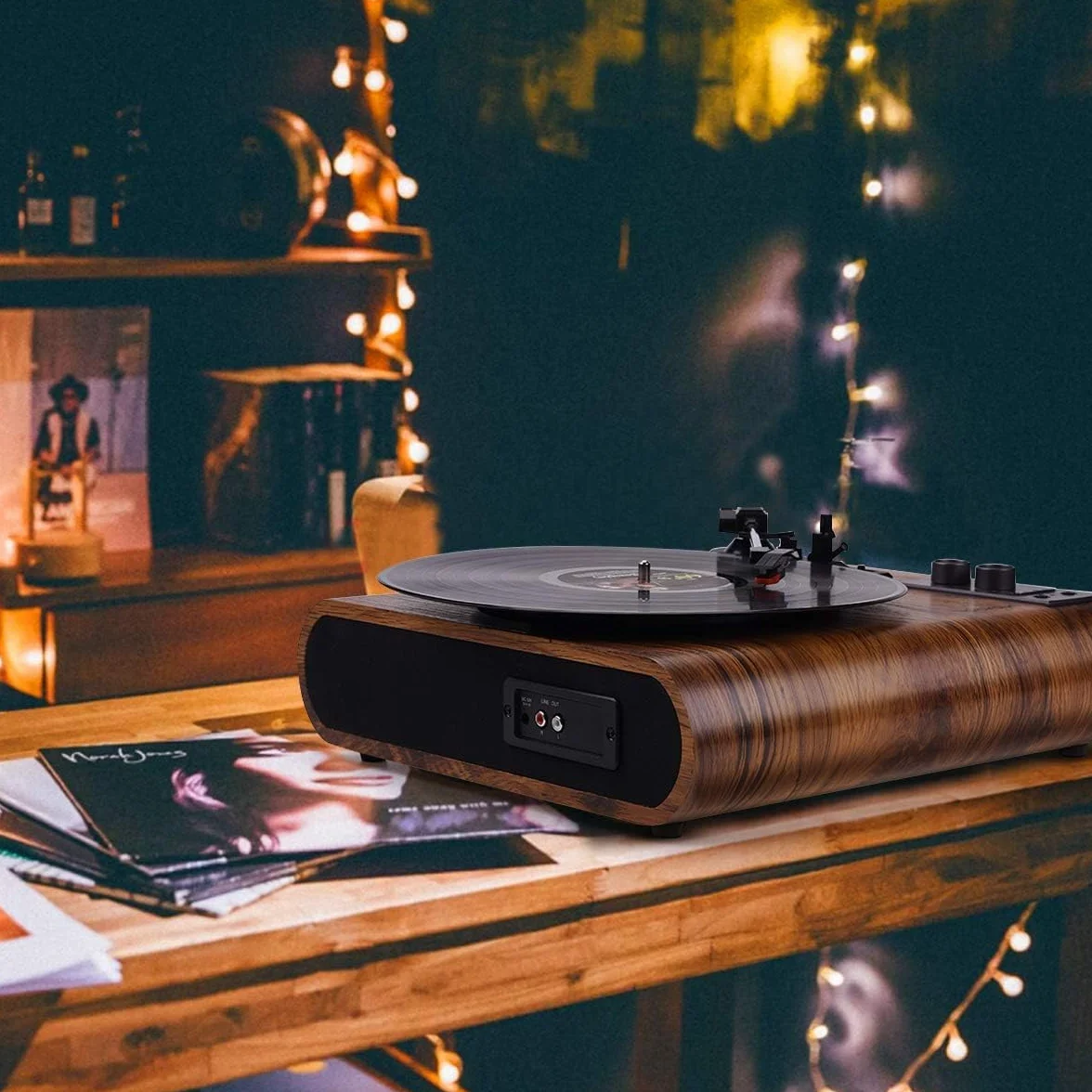 Giradischi in Vinile Vintage Bluetooth Altoparlanti Integrati 3 Velocità Portatile Legno Noce