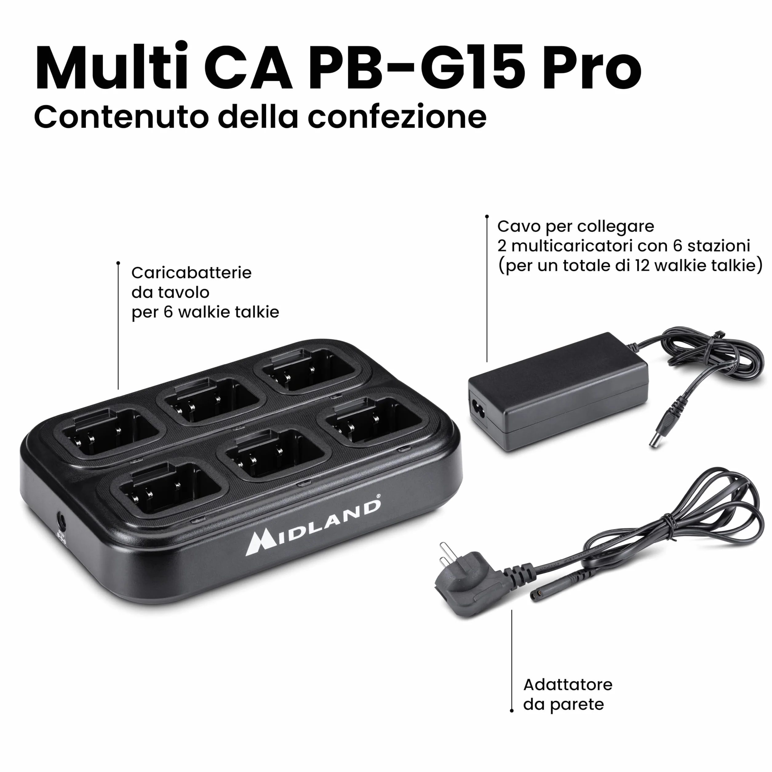 Midland Caricatore Multiplo 6 Walkie Talkie G15 PRO G18 Arctic Adattatore Muro Incluso Espandibile 12 Posti