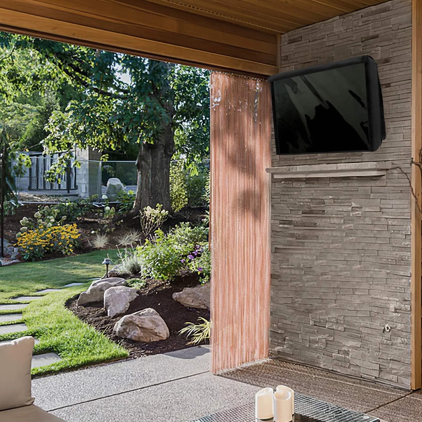 Copertura per TV da esterni 600D impermeabile Oxford schermo trasparente antipolvere con tasca per telecomando 30-32