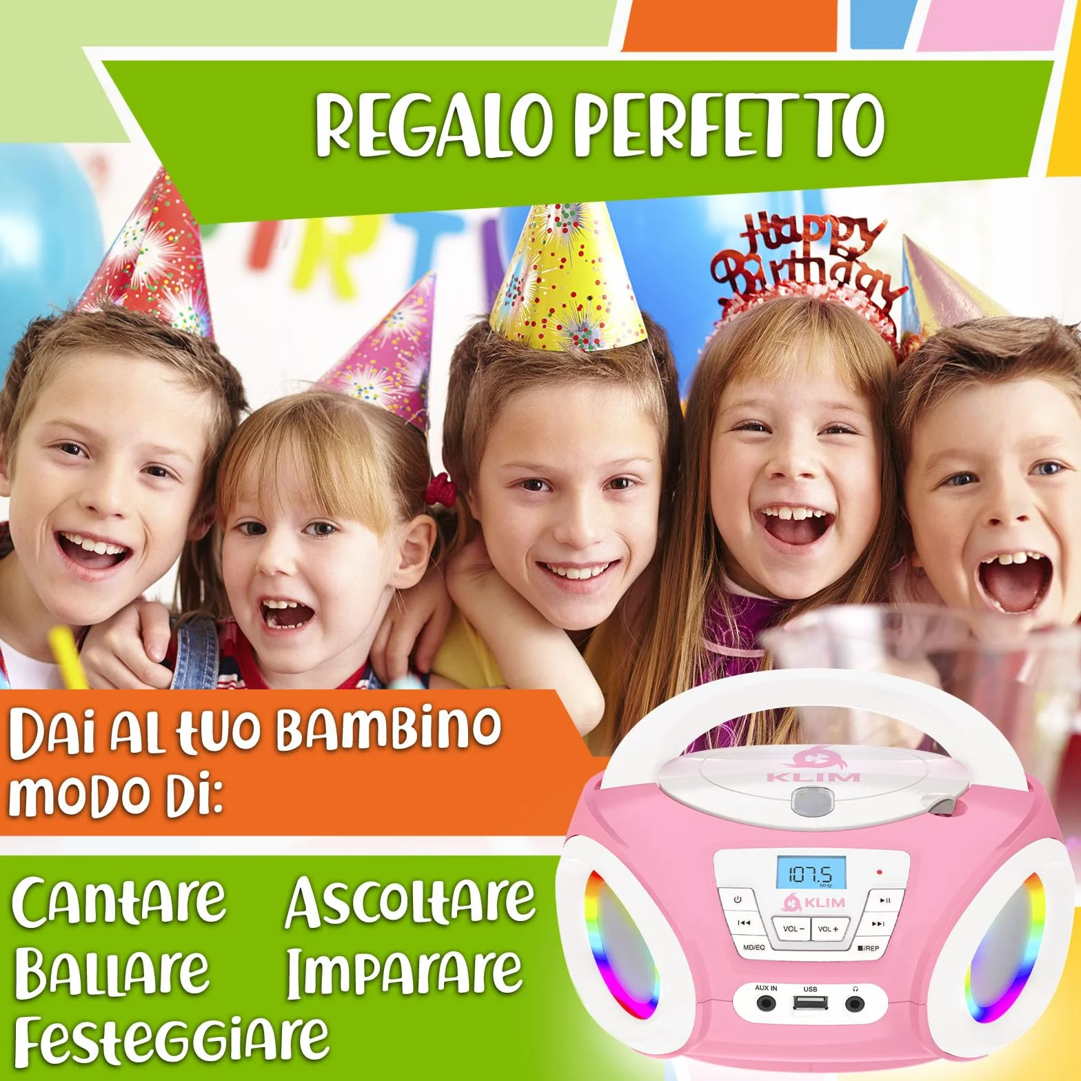 KLIM Candy Kids - Lettore CD portatile, nuova versione con radio FM e altoparlanti, batterie incluse, design rosa carino per bambini e bambini, rosa