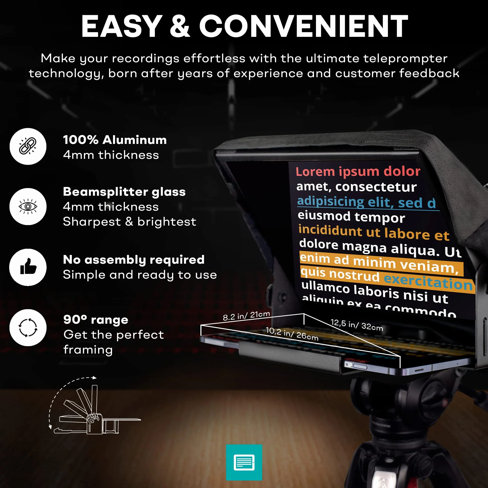 iLight PRO 12" Made in EU - Teleprompter robusto in metallo con telecomando e APP (iOS Android Windows Mac) - Portatile senza assemblaggio compatibile con iPad tablet DSLR smartphone