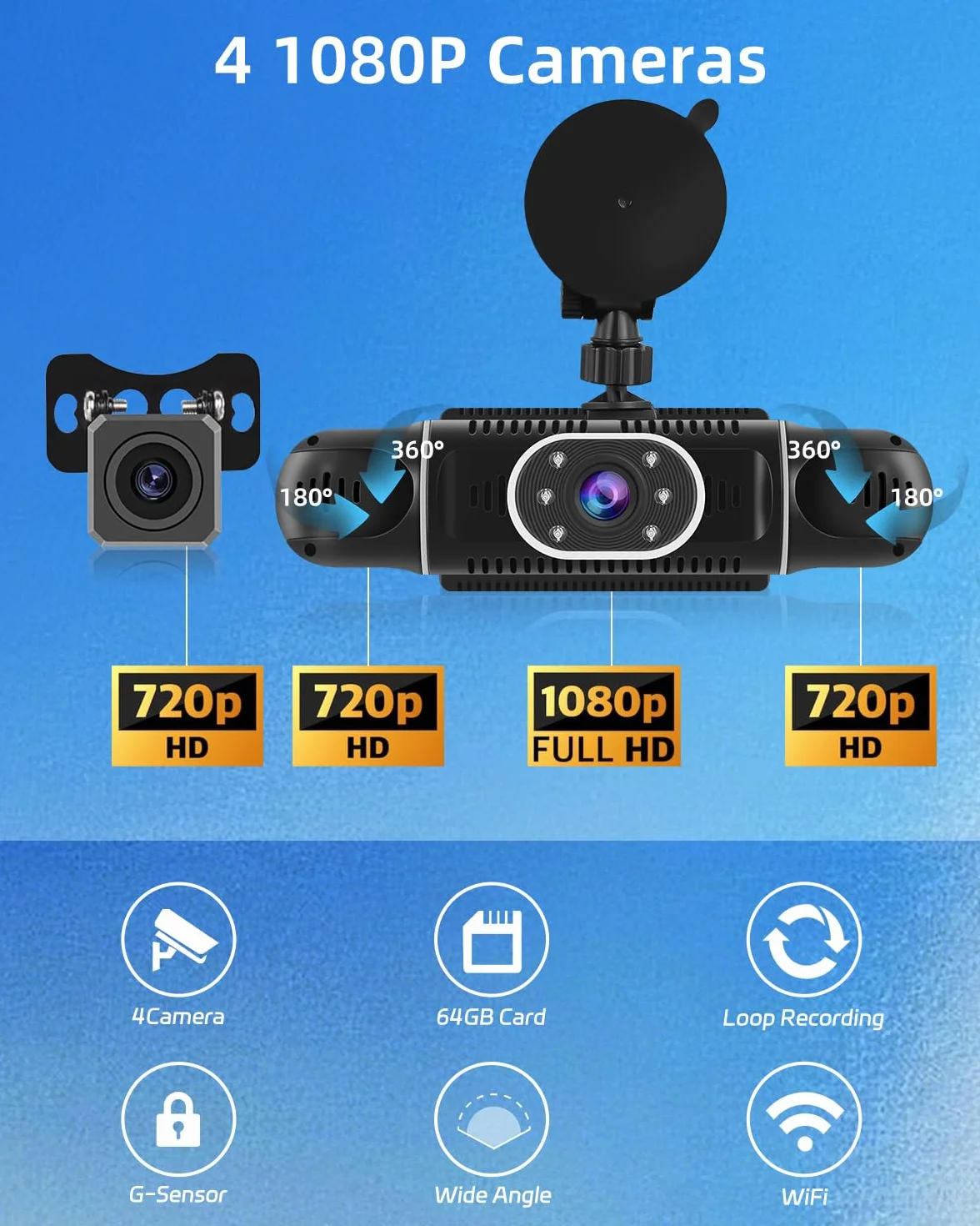 NHOPEEW Dash Cam a 360° a 4 canali per auto - Videocamera da cruscotto 1080P con controllo tramite app Wi-Fi, visione notturna/registrazione in loop/monitoraggio parcheggio/sensore G