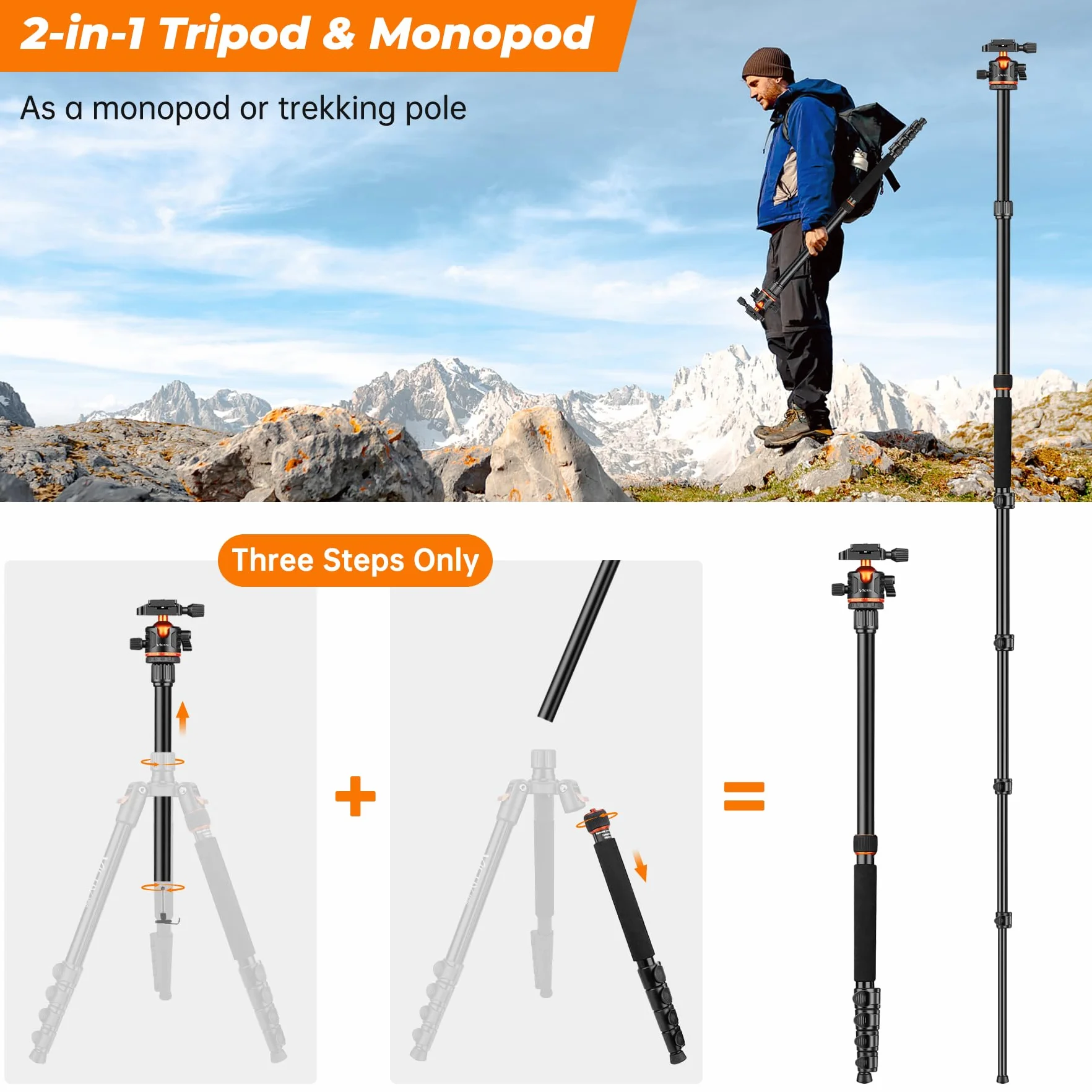 Victiv 78.7"/ 200cm Treppiede Fotocamera, Cavalletto Fotografico da Viaggio Leggero e Compatto in Alluminio, Treppiedi Monopiede per Videocamera Canon Nikon Sony, Treppiede Cavalletto per Smartphone