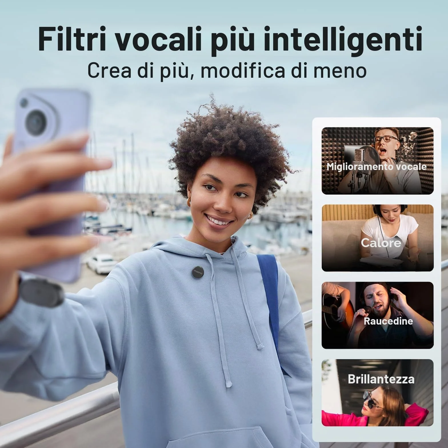 MAONO Wave T5 Mini Microfono Wireless per Smartphone (USB-C) - Microfono Lavalier 48kHz/24Bit, 30h di Autonomia, 300m di Raggio e Riduzione del Rumore. Mini Microfono per Vlog e Streaming su YouTube