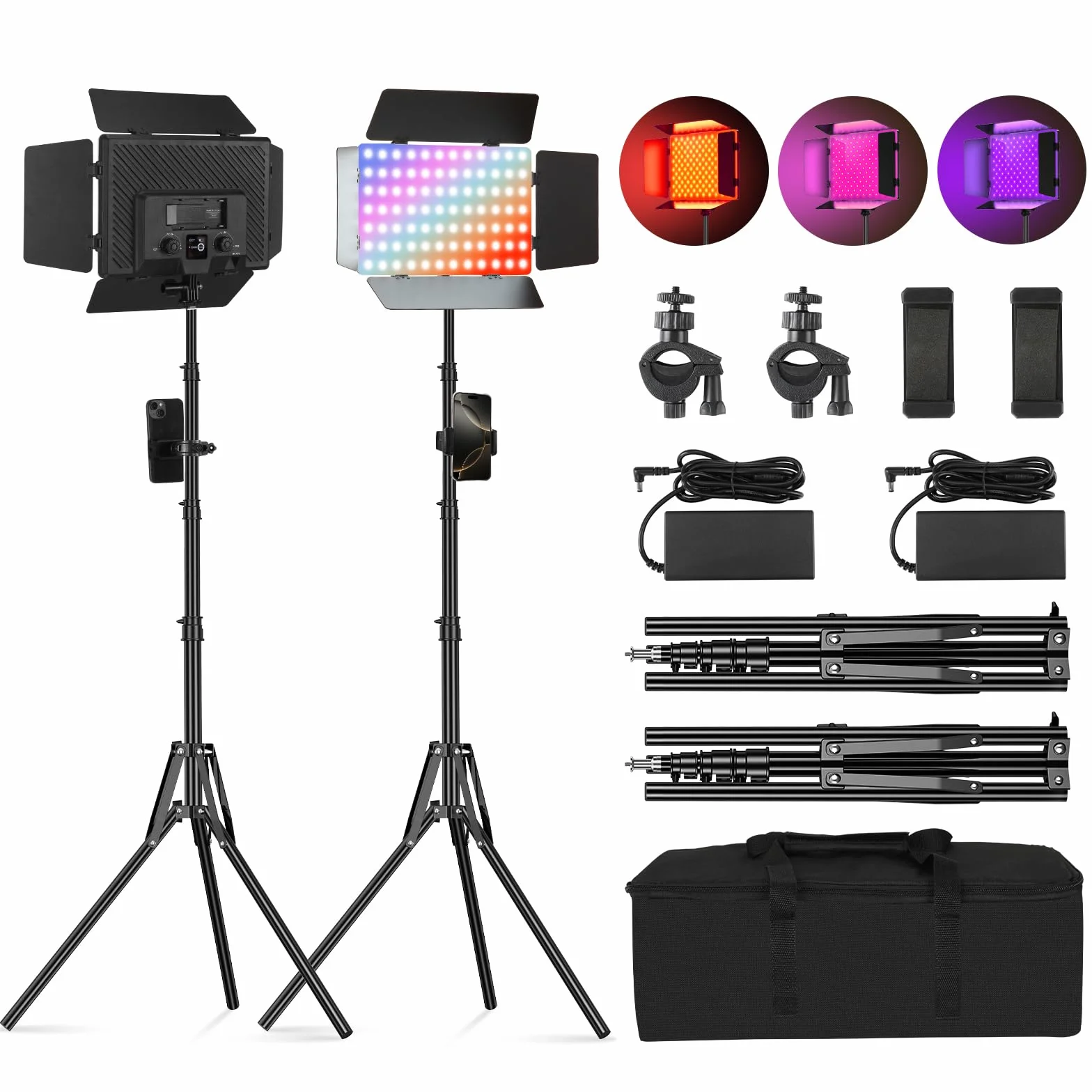 Soonpho 2-Pack RGB LED Video Luce Panel Set con Barn Door 2500-8500K Dimmerabile 20W Light Fotografia Studio Illuminazione con 1,6 m Treppiede Stand e Mobile Phone Holder per Video YouTube Live