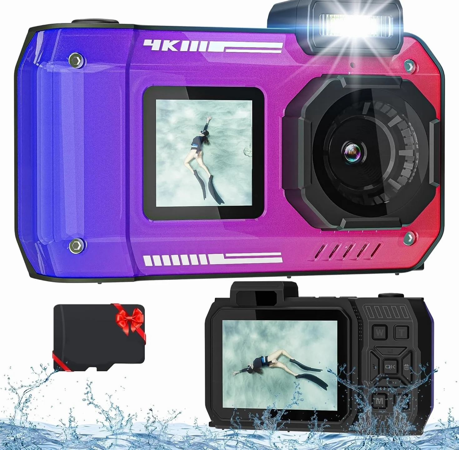 Fotocamera digitale 4K 33FT con scheda 64G, fotocamera subacquea da 48 MP, impermeabile, robusta, antipolvere, antiurto, per snorkeling, immersioni, selfie, doppio schermo, punto e fotocamera digitale