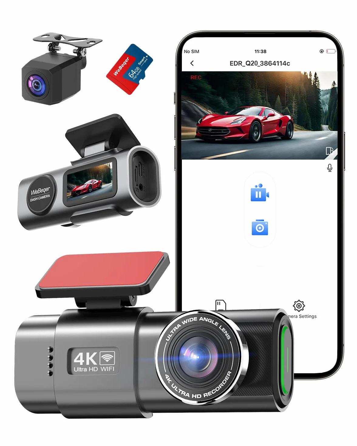 Telecamera WiFi per auto anteriore posteriore, 4K + 1080P per auto, controllo app con scheda SD da 64 G, visione notturna, sensore G, registrazione loop, WDR (Pollici, 1.47)