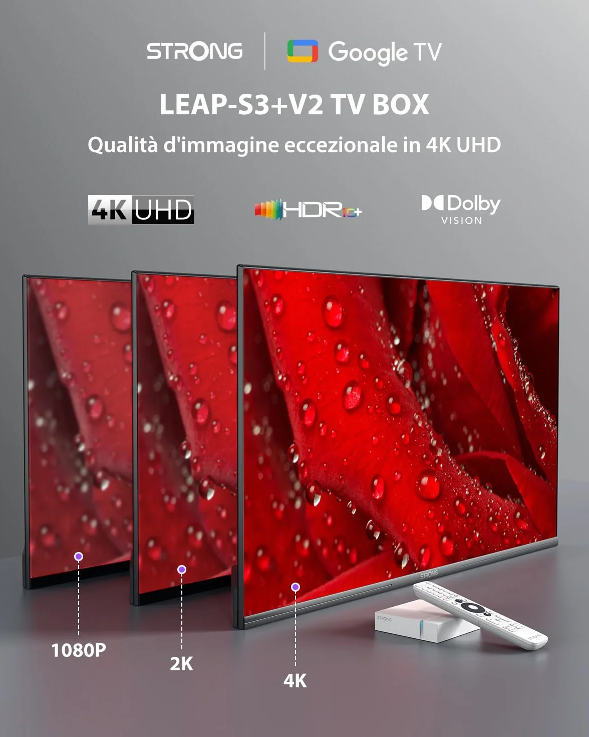 STRONG LEAP-S3+V2 Streaming Smart TV Box 4K UHD – 2GB RAM + 16GB Memoria, HDR10+ & Dolby Vision, WiFi 5 & BLE 5, Porta Ethernet (RJ45), Assistente Vocale, Bianco