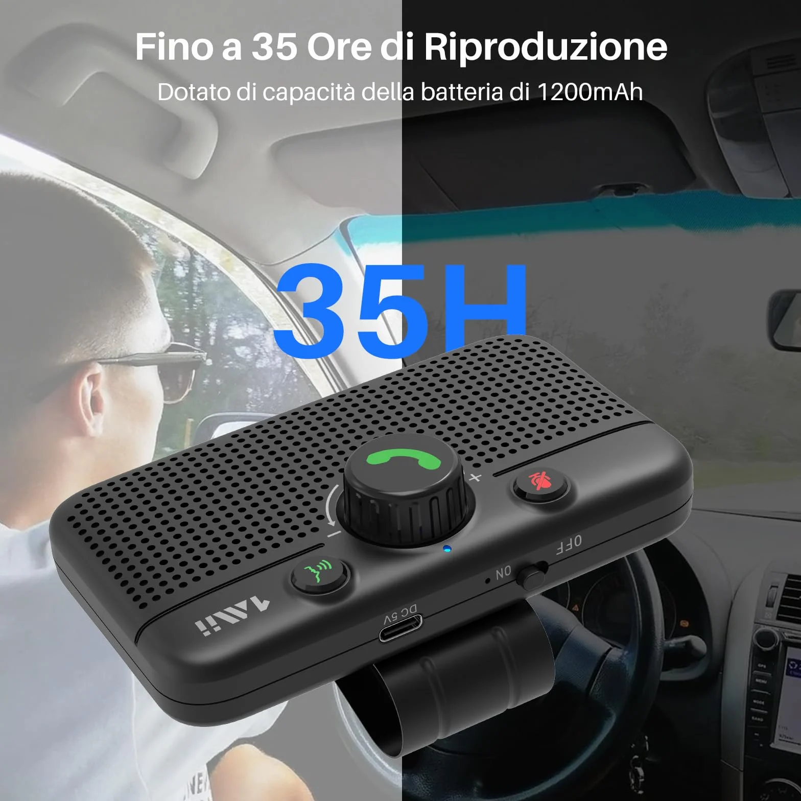 1Mii Kit Vivavoce per Auto Bluetooth 5.3 con Siri Assistente Comandi Vocali di Google Altoparlante, per Chiamate Viva Voce, GPS, Connessione Automatica, Altoparlante da 3W, Connettività Dual Link