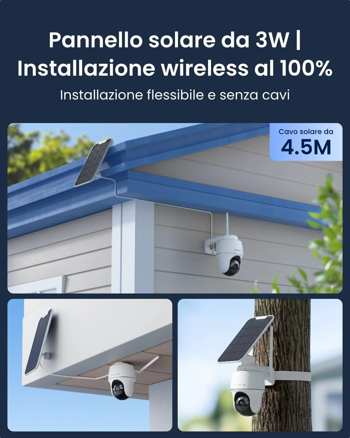 Reolink 4K Telecamera Wi-Fi Esterno con Batteria e Pannello Solare, 360° PTZ Senza Fili, 2,4/5 GHz WiFi, Rilevamento Uomo/Auto/Animale, 8MP Visione Notturna a Colori, Sirena/SD/Cloud, Argus PT Ultra