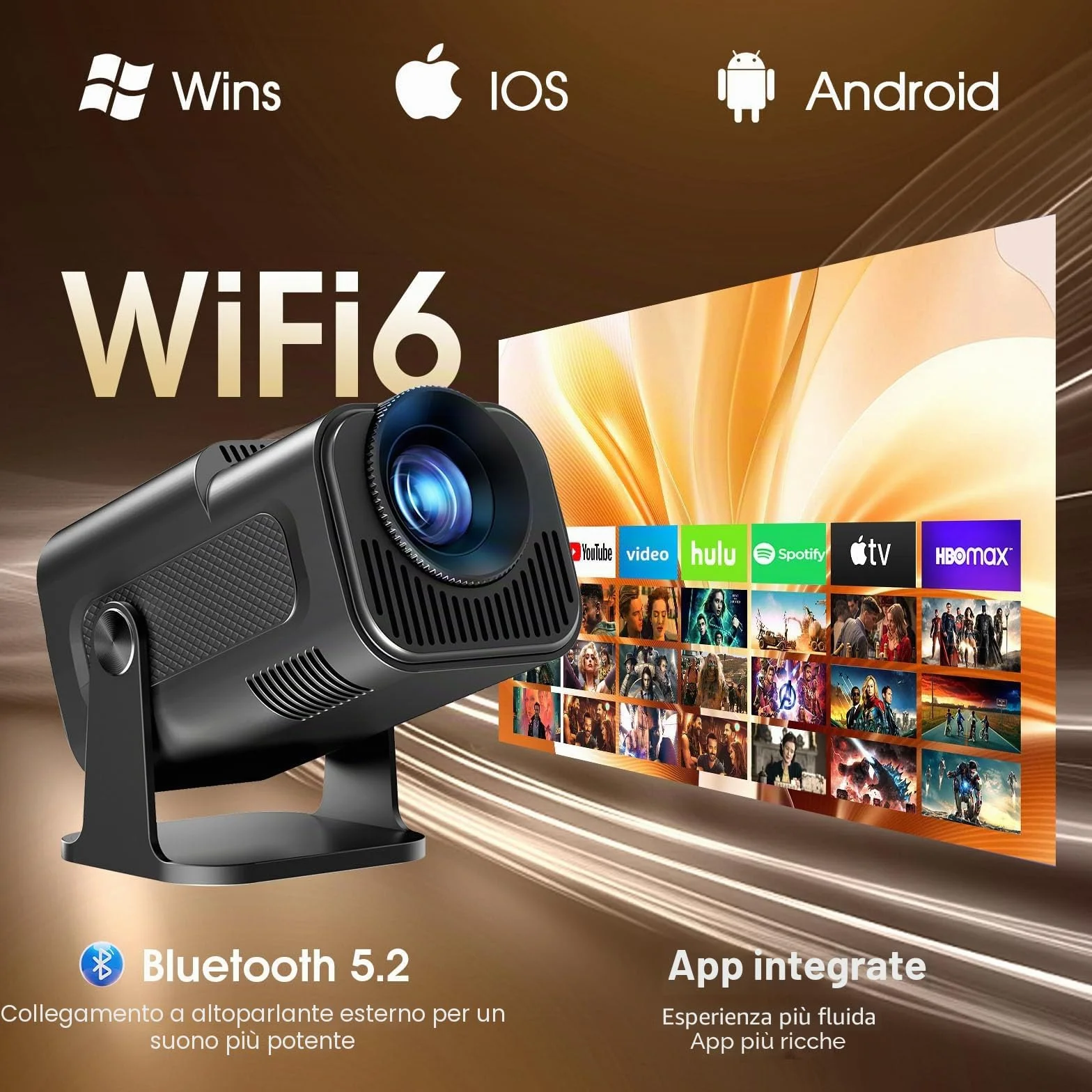 Mini Proiettore 4K 1080P WiFi 6 Bluetooth 5.4 Auto Keystone 180° Portatile HDMI Nero