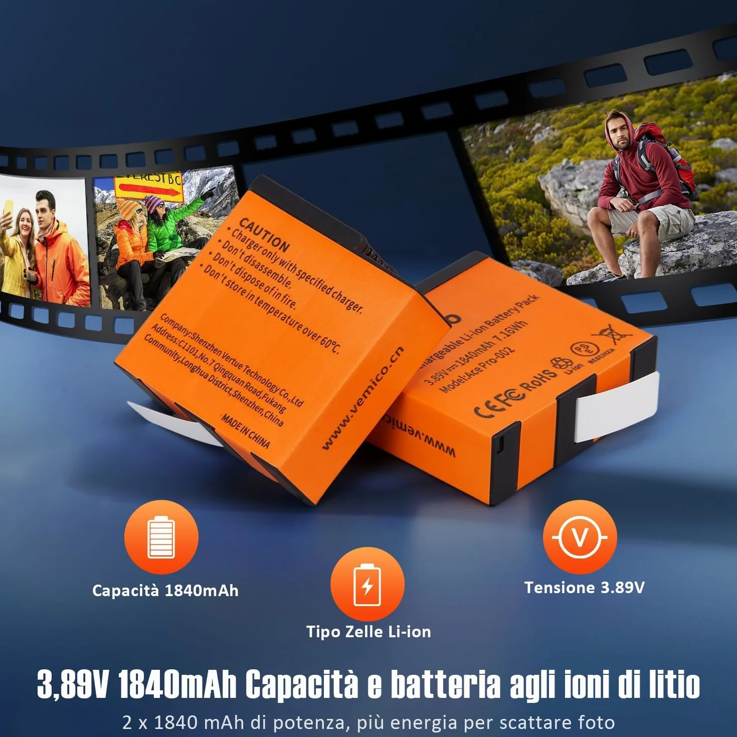 Vemico 360 Ace Pro 2 batterie di ricambio 2 x 1840 mAh Dual Tipo-C Canale caricatore LED con interfaccia di ricarica micro USB per fotocamera / 360 Ace Pro 2/360 Ace / 360 Ace Pro