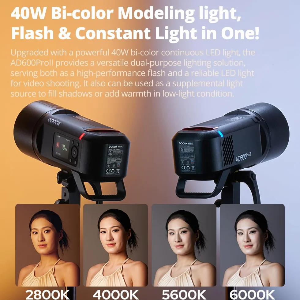 Godox AD600ProII AD600 Pro 600 Ws Flash per esterni, sistema X 2.4 G, TTL GN87 HSS 1/8000s, 40 W Bi-Color 2800K-6000K, 0.01s~0.9s tempo di riciclaggio, 2600mAh Batteria al litio AD600PRO