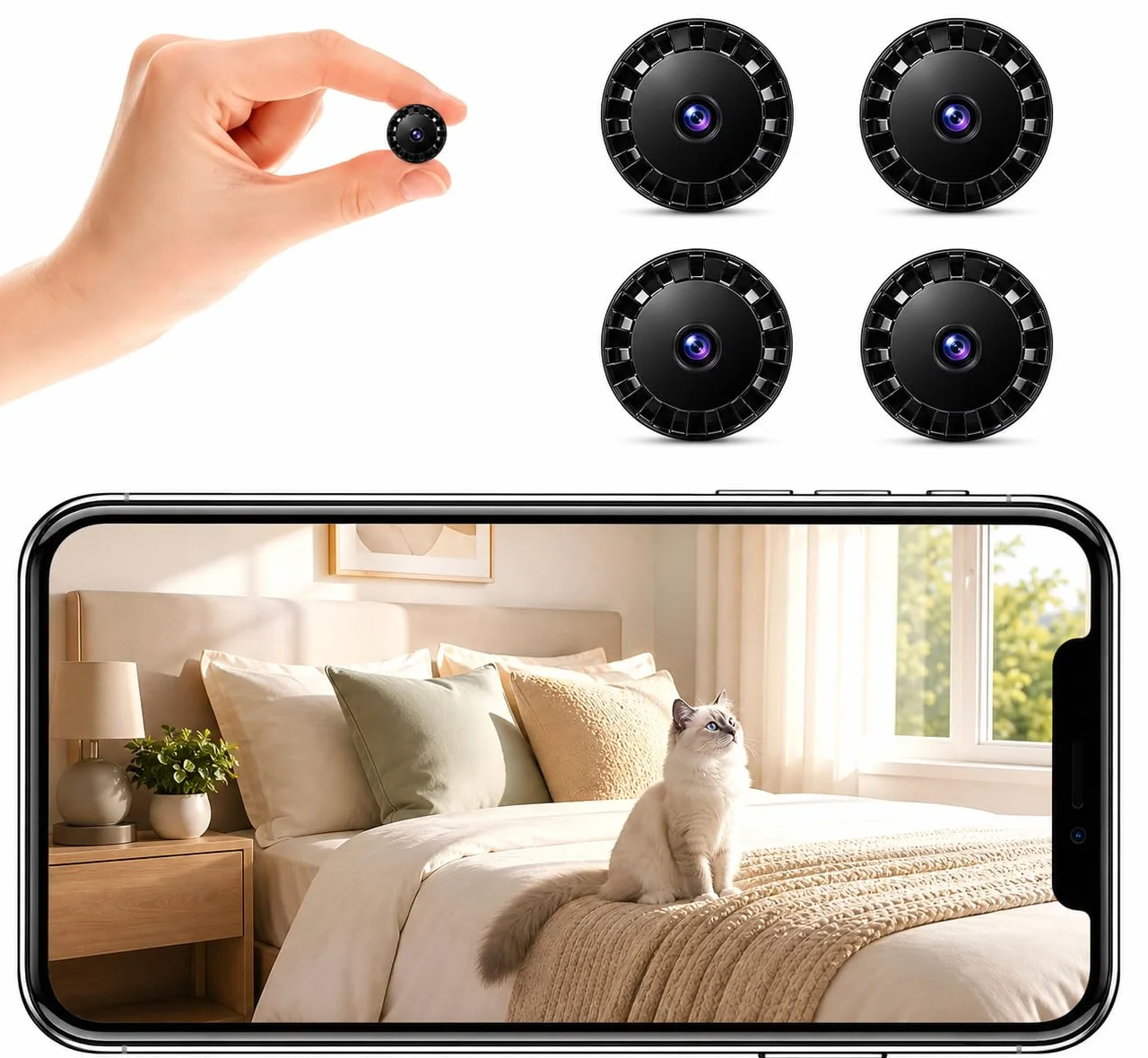 Mini Telecamera Spia WiFi Interno/Esterno, Videocamera Sorveglianza 1080P, Visione Notturna, Rilevamento di Movimento, Controllo Remoto Con App per Casa/Bambini A/Y (Black, Mini 4 PCS)