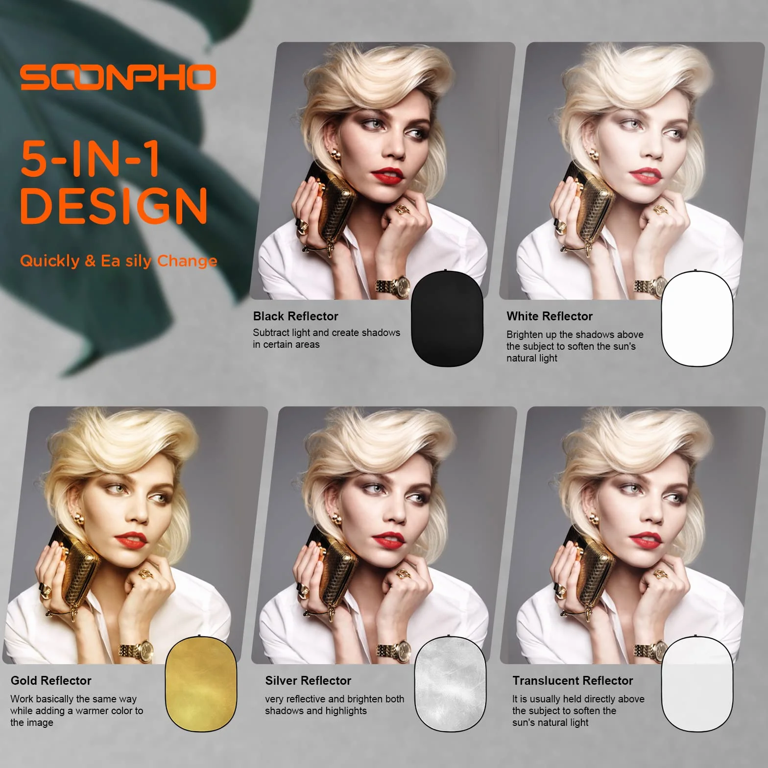 Soonpho Riflettore pieghevole 5 in 1 per fotografia, diffusore ovale, 60 x 79 pollici, 150 x 200 cm, oro, argento, nero, trasparente, bianco con clip e custodia per illuminazione esterna