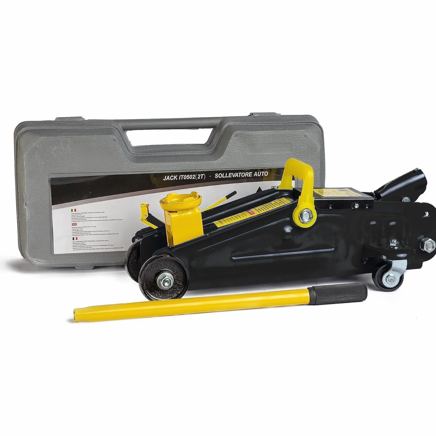 Cric Sollevatore Idraulico Auto Martinetto 2t Ruote Bidirezionali Cuscinetto Assetto Ribassato Professionale Veicoli Auto Moto Valigetta Nero Giallo