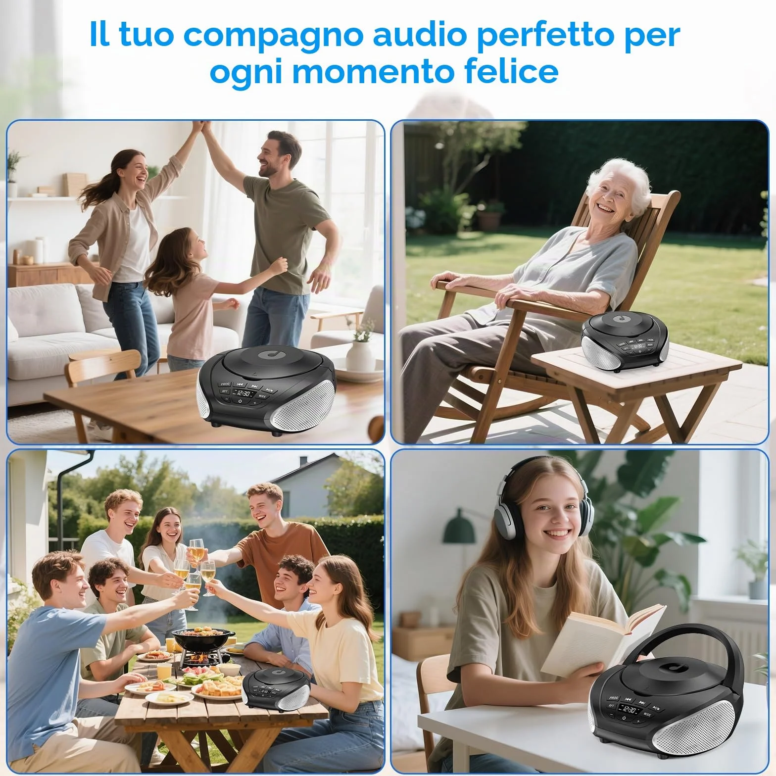 Gueray Lettore CD Portatile Boombox - Radio CD Compatto con Altoparlanti Stereo, Radio FM, Ingresso AUX 3.5 mm, Jack per Cuffie e Display LCD per Interni, Esterni, Viaggi & Audiolibri (Nero + Argento)