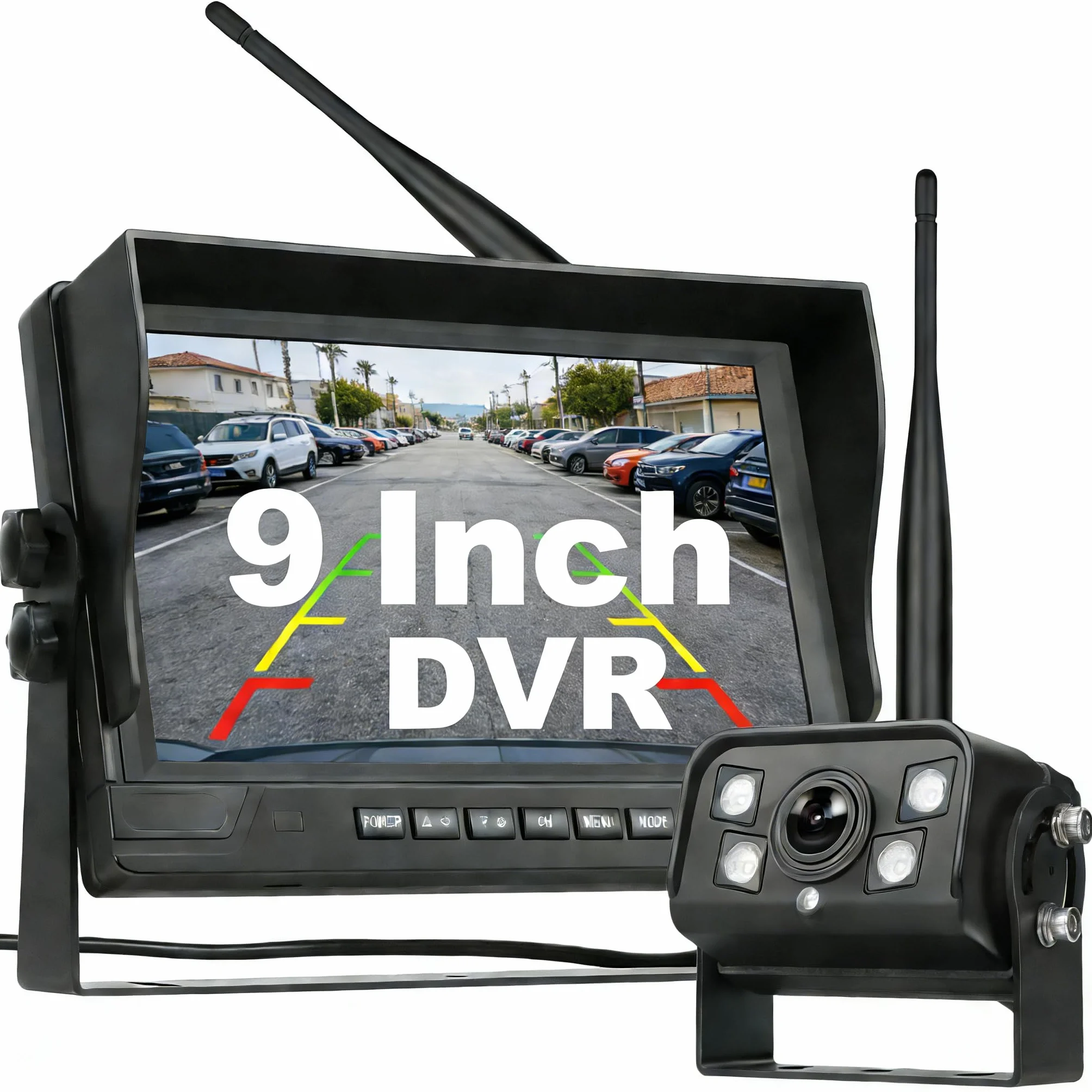 Telecamera Posteriore Digitale Senza Fili Set con 9'' HD Monitor, 1 Grandangolo Impermeabile Visione Notturna Telecamera Targa, per 12V 24V Auto/Camion/Auto/Pickup/SUV/Furgone/Camper