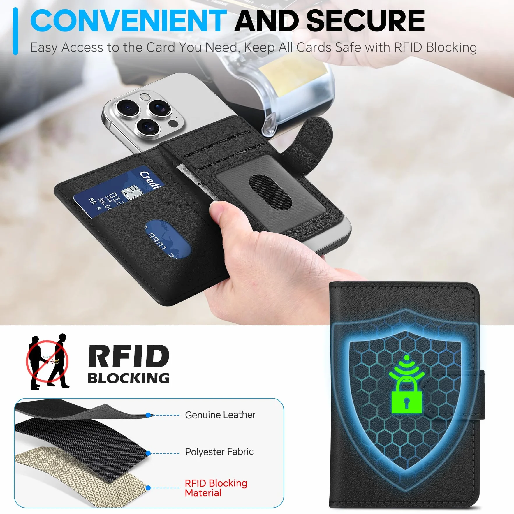 SHIELDON Porta Carte Adesivo Portafoglio Magnetico in Vera Pelle [Blocco RFID] [Slot per Carte] Porta-Carte Adesivi, Portafoglio Leather Phone Wallet per iPhone 16/15/14/13/12 – Nera