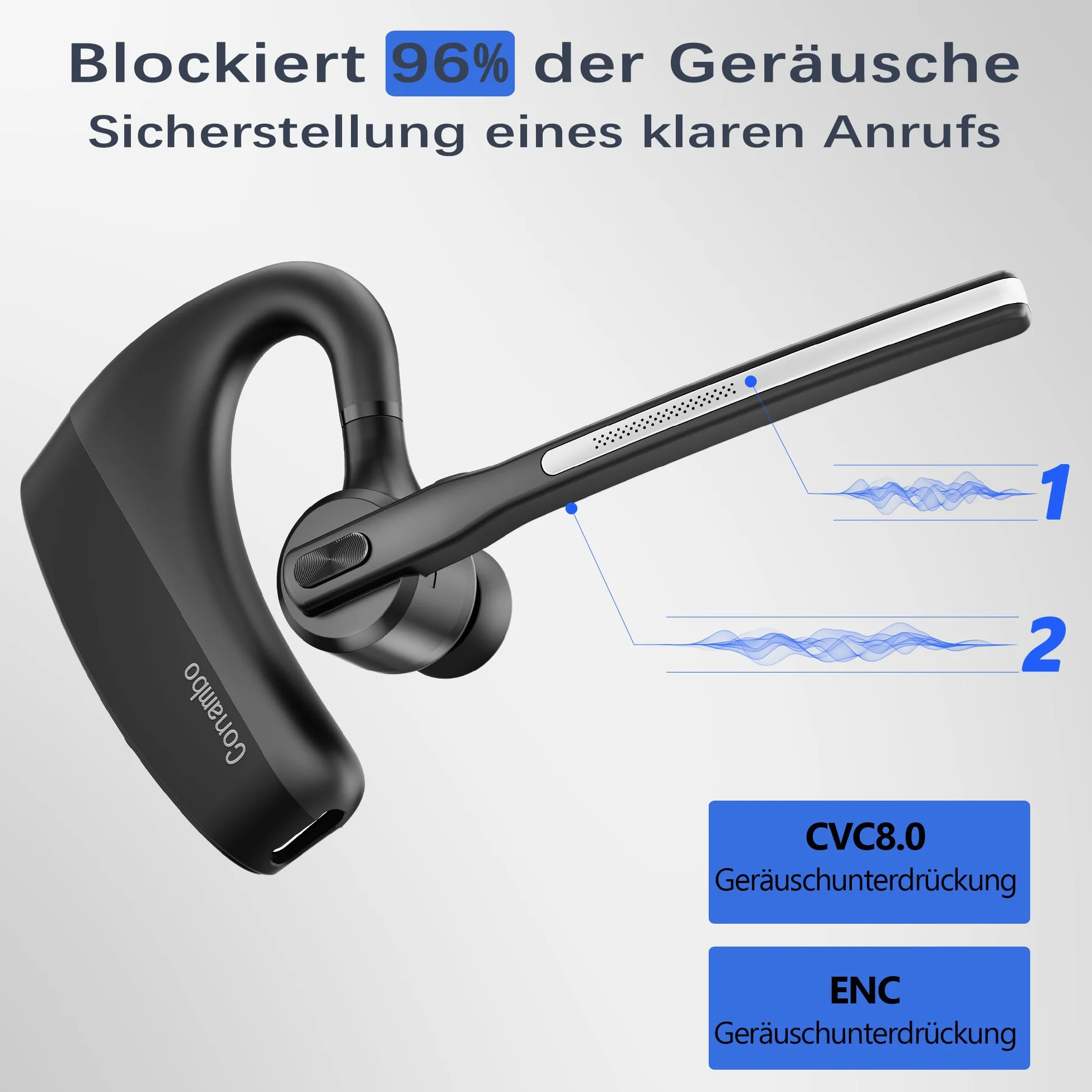 Conambo Auricolare Bluetooth senza fili V5.２, K10C Auricolare Bluetooth monofonico con cancellazione del rumore CVC 8.0 e ENC per la guida e il lavoro, 16 ore di conversazione