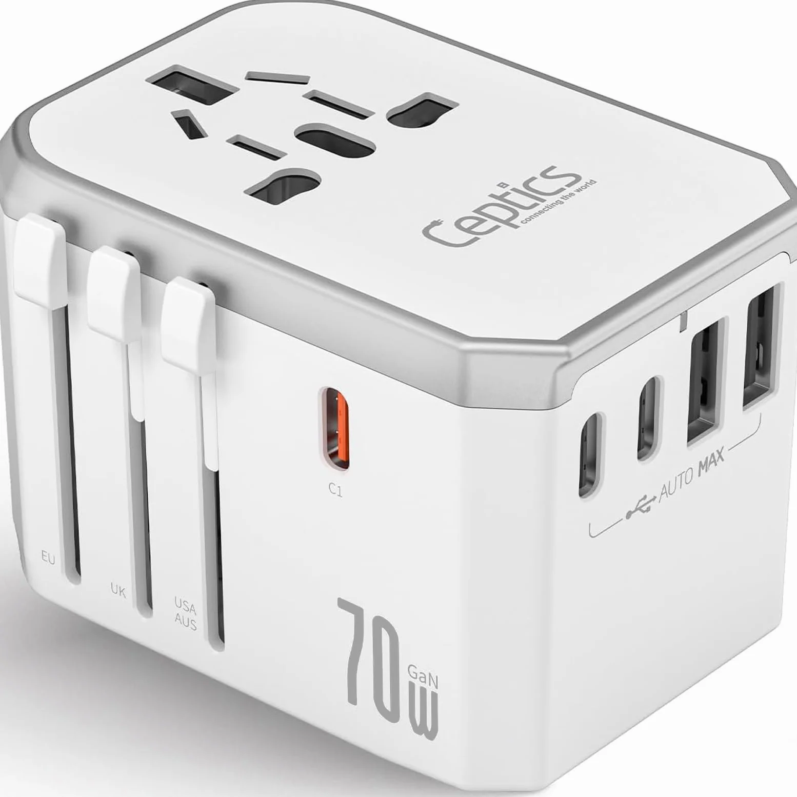 Ceptics Adattatore universale da viaggio 6 in 1 con PD 70 W USB-C e 2 x USB-A e 2 x USB-C 3A, caricatore universale con QC 3.0 per US/EU/UK/AU, alimentatore universale con prese di tipo I C G A