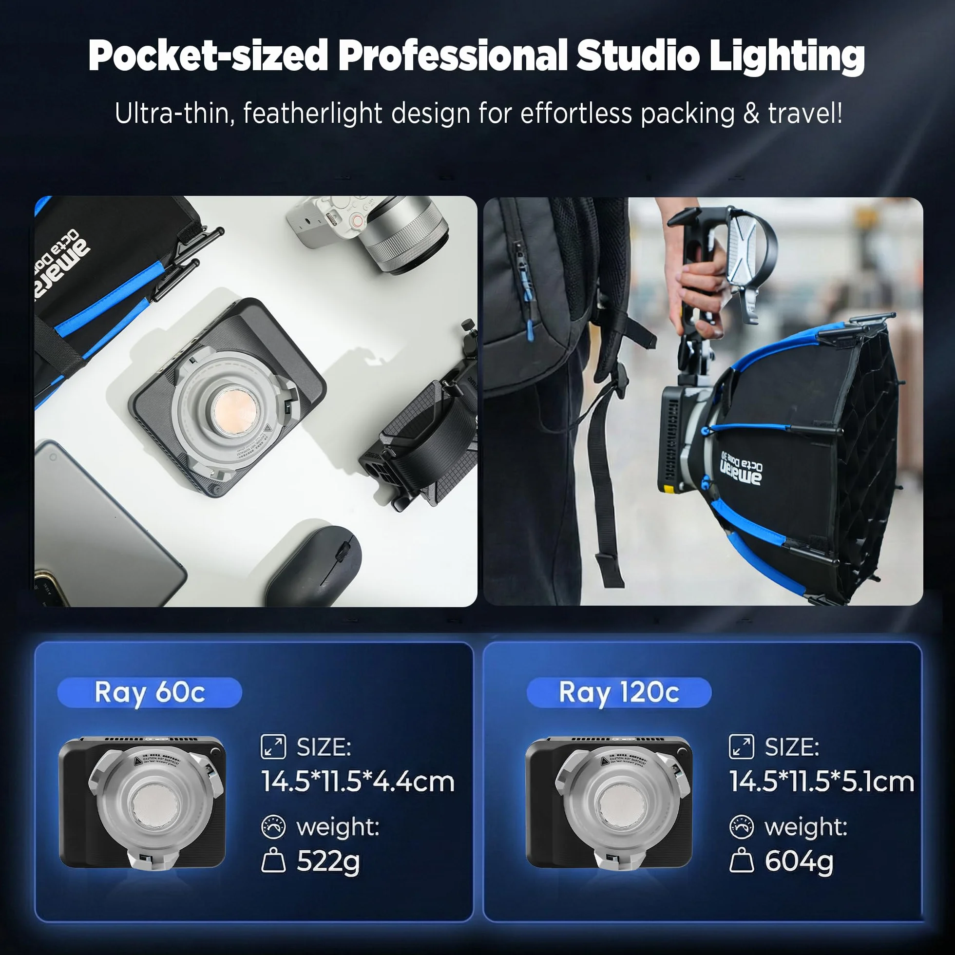 Amaran Ray 120c Full Color COB LED Video Light, 120W Ultra-Compact Travel Light con Octa Dome 30 Softbox, USB-C PD Power, IP54, OmniColor Engine, 2.300K-10.000K, App/NFC Control, Bowens Mount