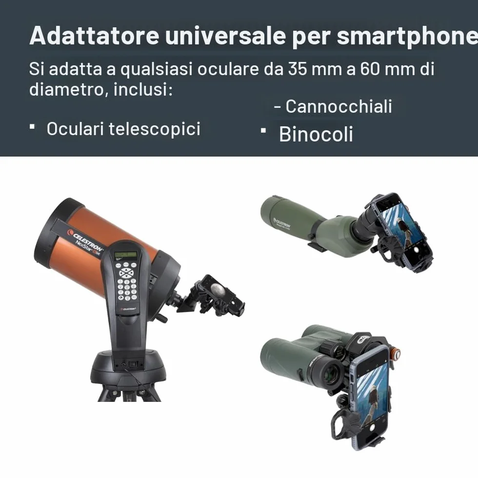 Celestron 81055 NexYZ Adattatore universale per smartphone a 3 assi, design brevettato - funziona con telescopi, cannocchiali, binocoli, monocoli e microscopi, nero
