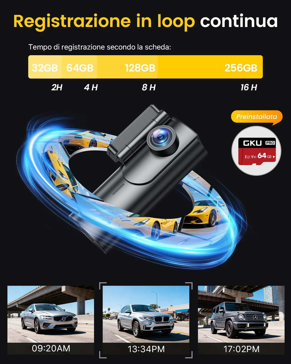 Dash Cam Auto 4K+1080P 5GHz WiFi Telecamera con Scheda SD 64G 170° Grandangolo Visione Notturna WDR G-Sensor 24H Monitor Parcheggio