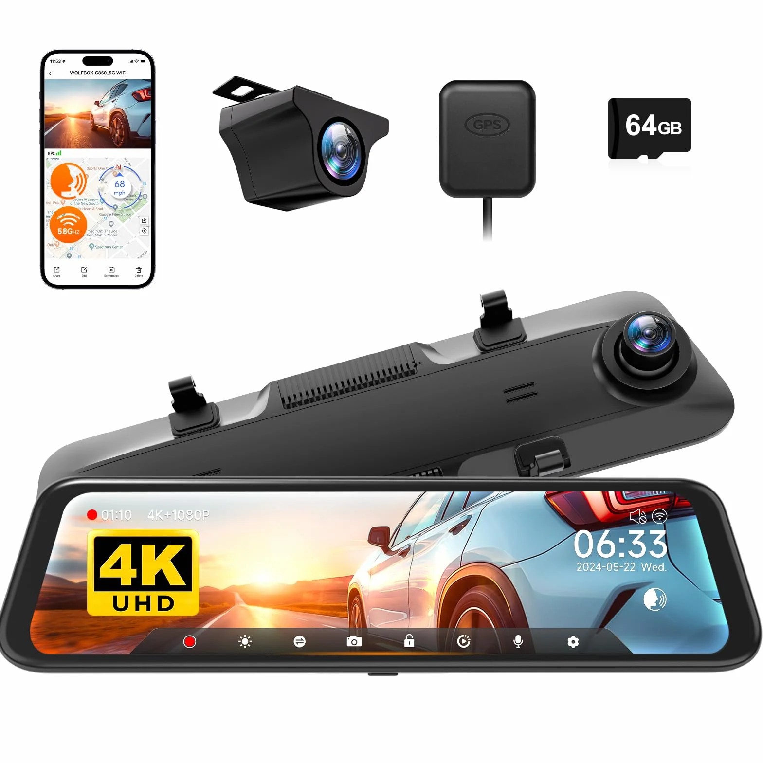 WOLFBOX 12" 4K Telecamera per Specchietto Retrovisore Auto con 5.8GHz WiFi e Controllo Vocale, Doppia Specchio Dash Cam con 1080P WDR Backup Camera, Monitor di Parcheggio, Scheda 64GB & GPS (G850)