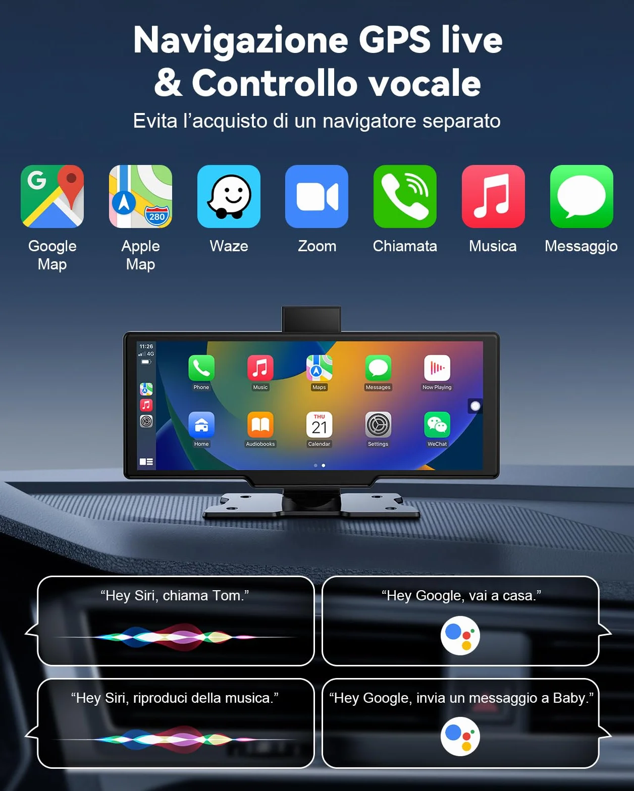 Schermo per Auto 10,26", Schermo Carplay Portatile Wireless per A-pple CarPlay & Android Auto con Tablet Auto Touchscreen IPS, GPS, Controllo Vocale, Bluetooth, Mirror Link, FM, AUX