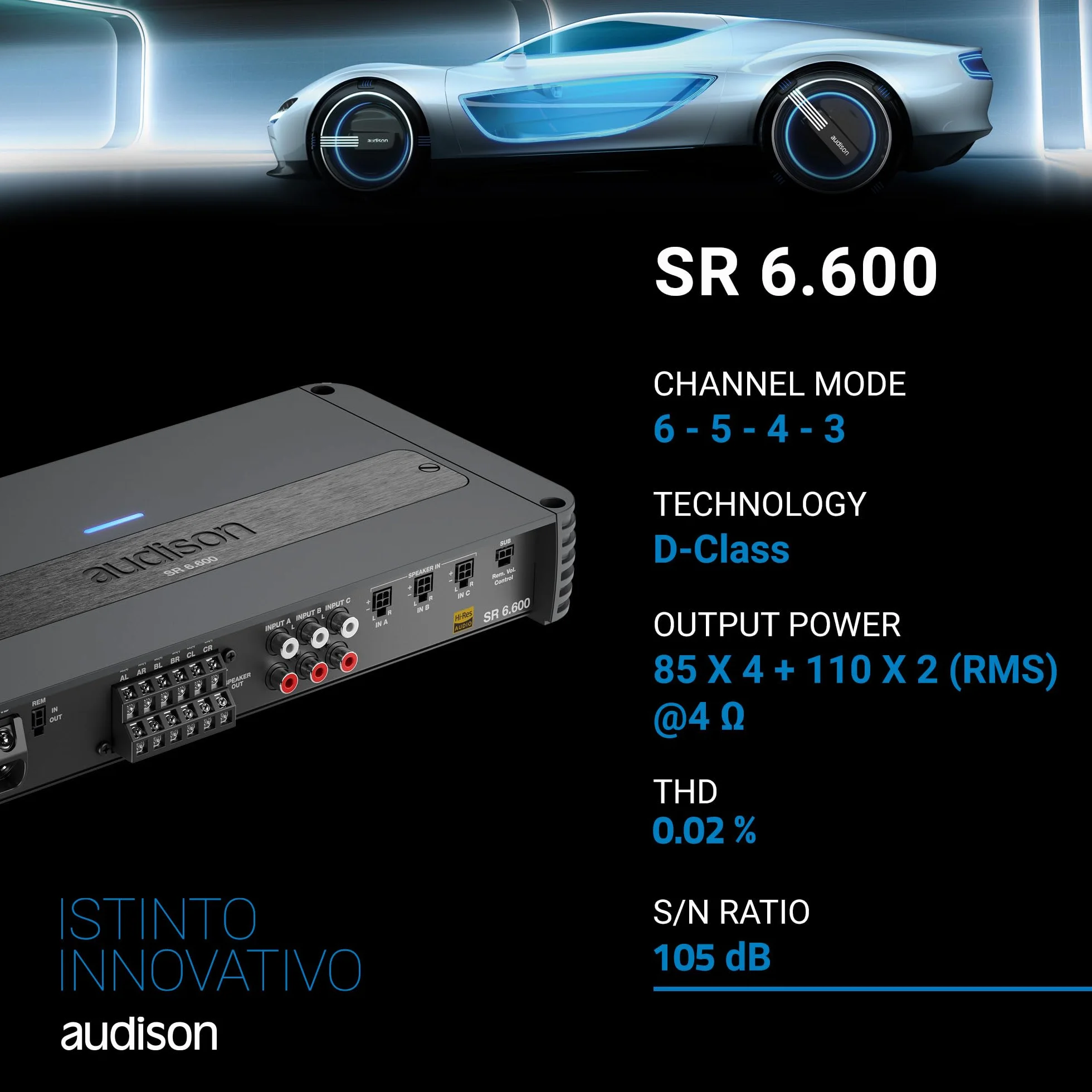 Audison SR 6.600 - Amplificatore a 6 canali in Classe D per auto, configurazione 4x140W + 2x185W su 2 ohm, ideale per sistemi attivi multivia ad alta efficienza