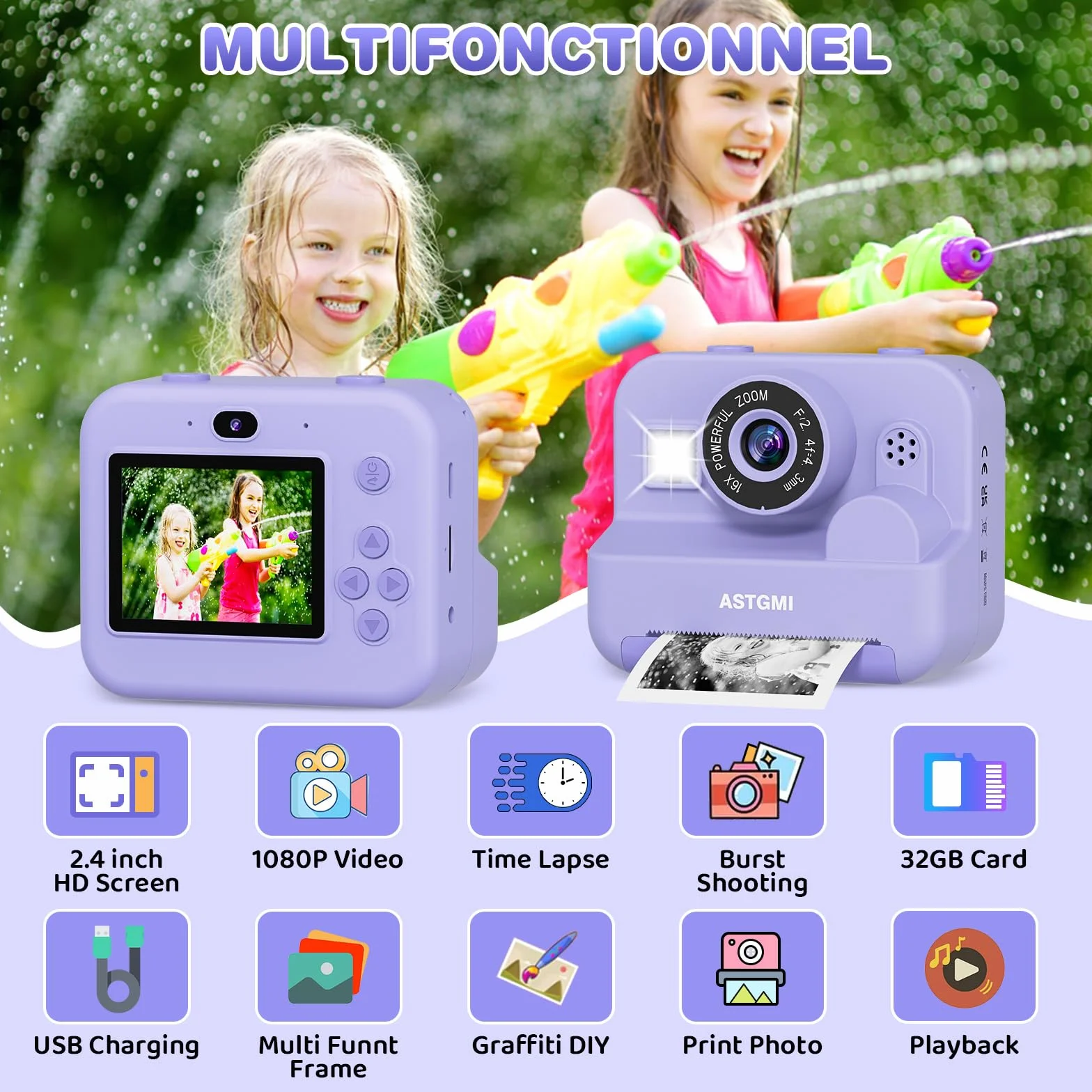 Fotocamera istantanea per bambini con selfie, fotocamera compatta 1080P HD, stampa istantanea di foto, regalo di compleanno, regalo di Natale, giocattolo a partire da 3, 4, 5, 6, 8, 7, 9, 10, 11 anni