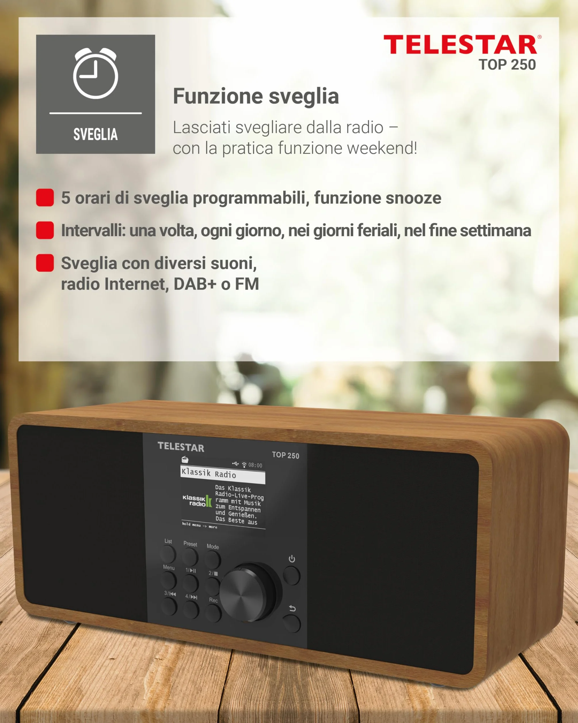 TELESTAR TOP 250 Radio DAB+ Internet Bluetooth Audio-Streaming 2x10W USB registrazione Legno
