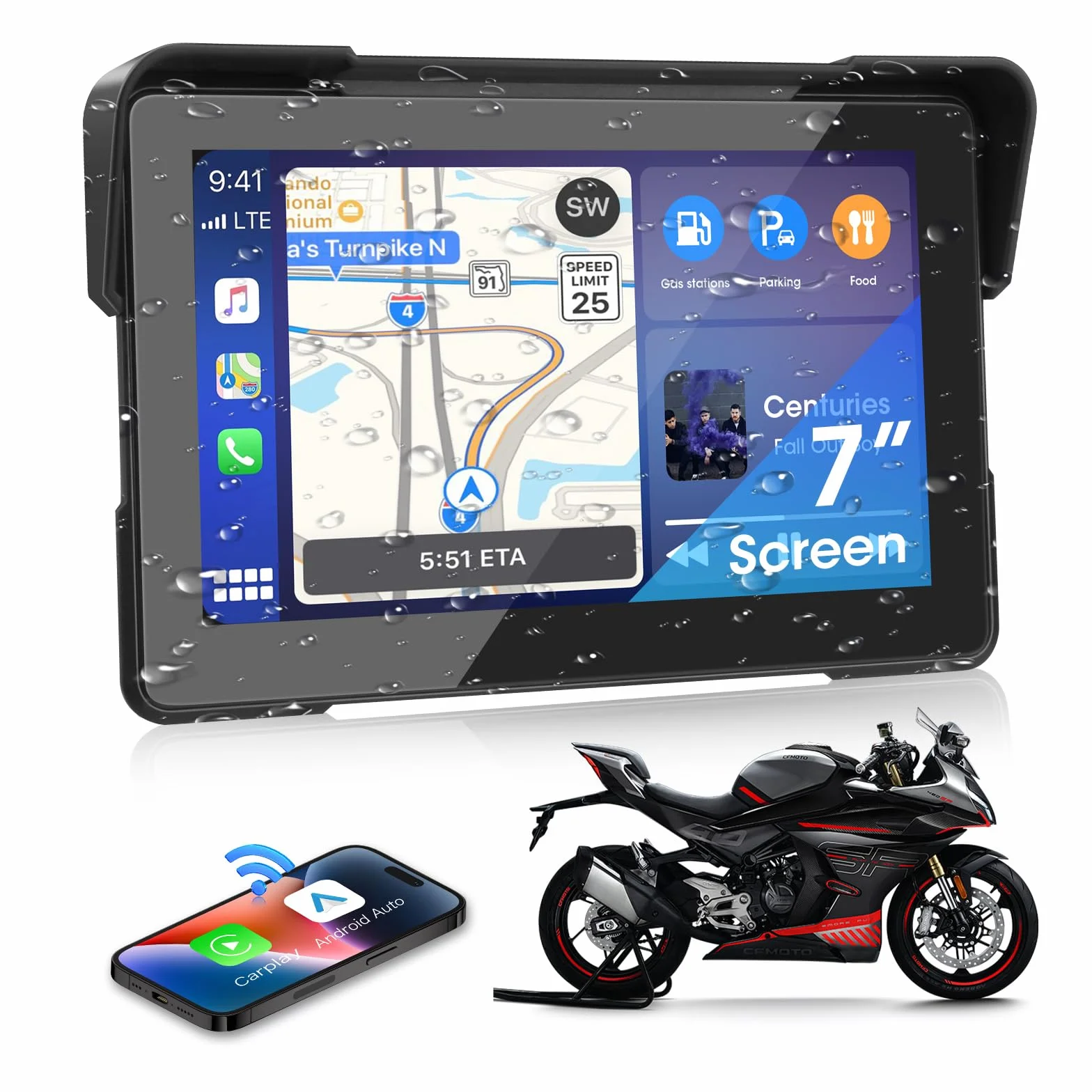 7 Pollici Carplay Moto e Android Auto Navigatore Moto Portatile Senza Fili con Motociclette Navigazione, Supporto Siri/G-oogle Assistant, Bluetooth, IP67 Impermeabile per il Viaggio Pendolare