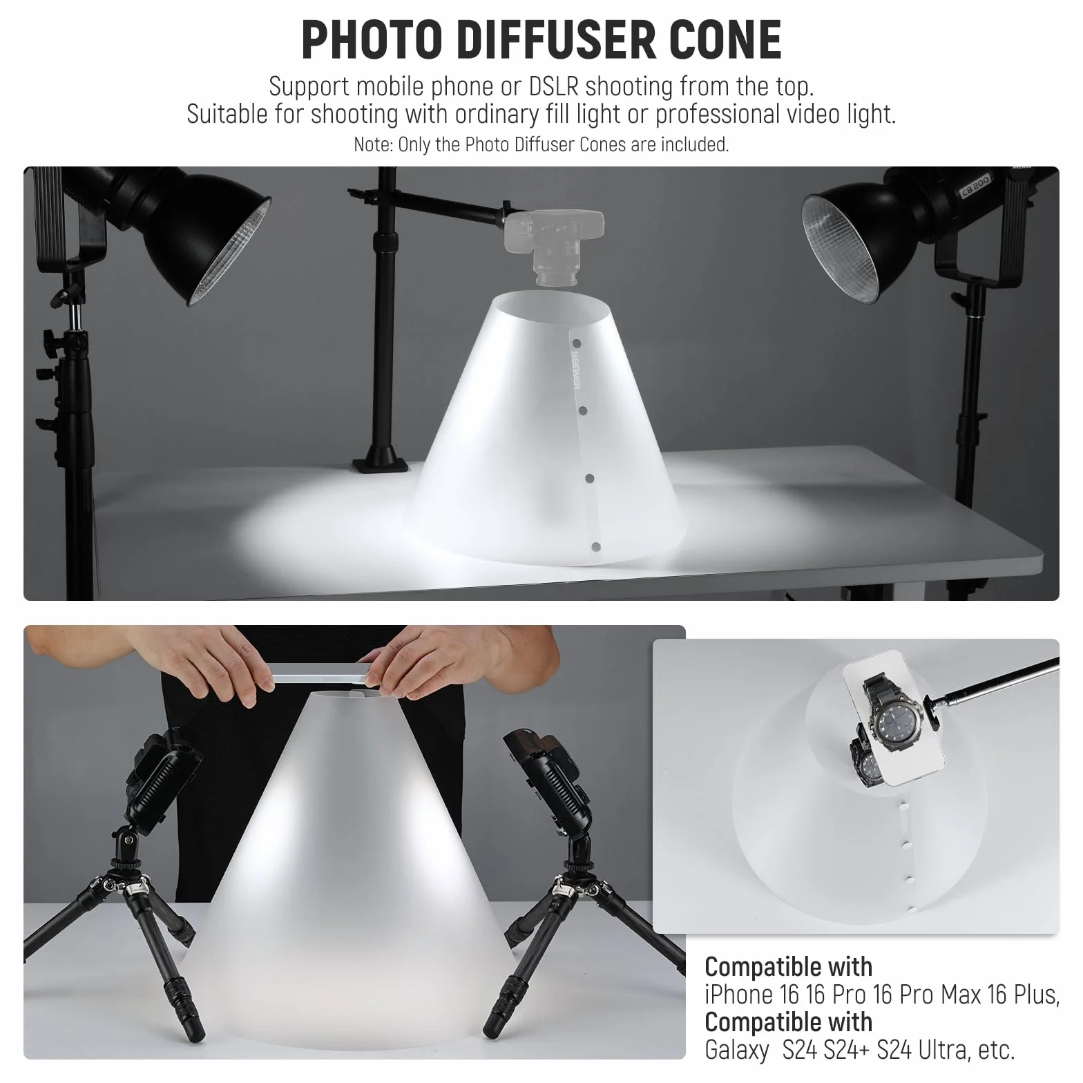 NEEWER Set Diffusore Luce Conico (3pz, 14"/15"/20"), Riflettore per Illuminazione Flash Migliorato Spessito 0,5mm, Alternativa a Light Box per Foto Prodotti Gioielleria, Senza Ombra e Riflesso, NK006