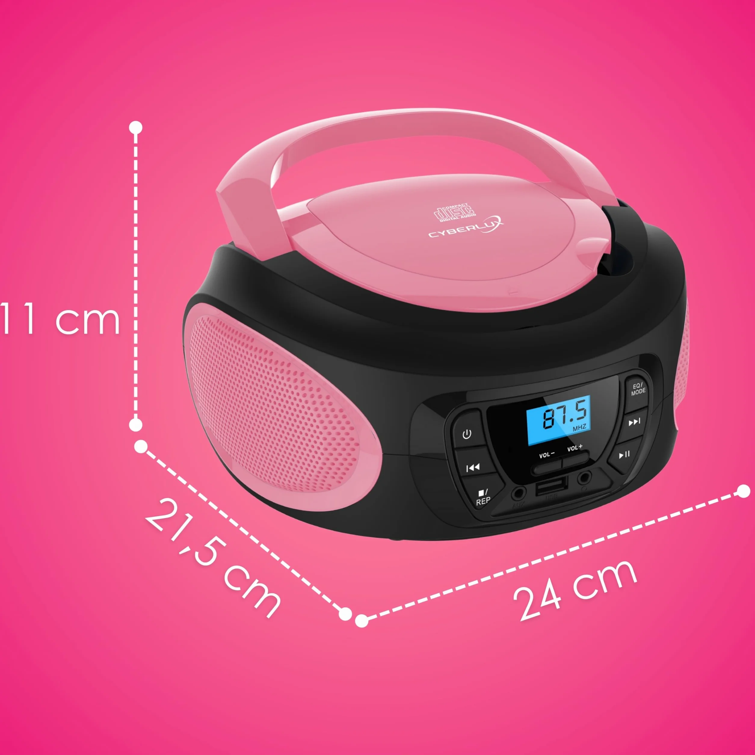 Boombox Lettore Portatile Radio FM con CD, USB e Ingresso AUX-IN, Presa per Cuffie - Sistema Stereo Compatto - Rosa Brillante (Pretty Pink)