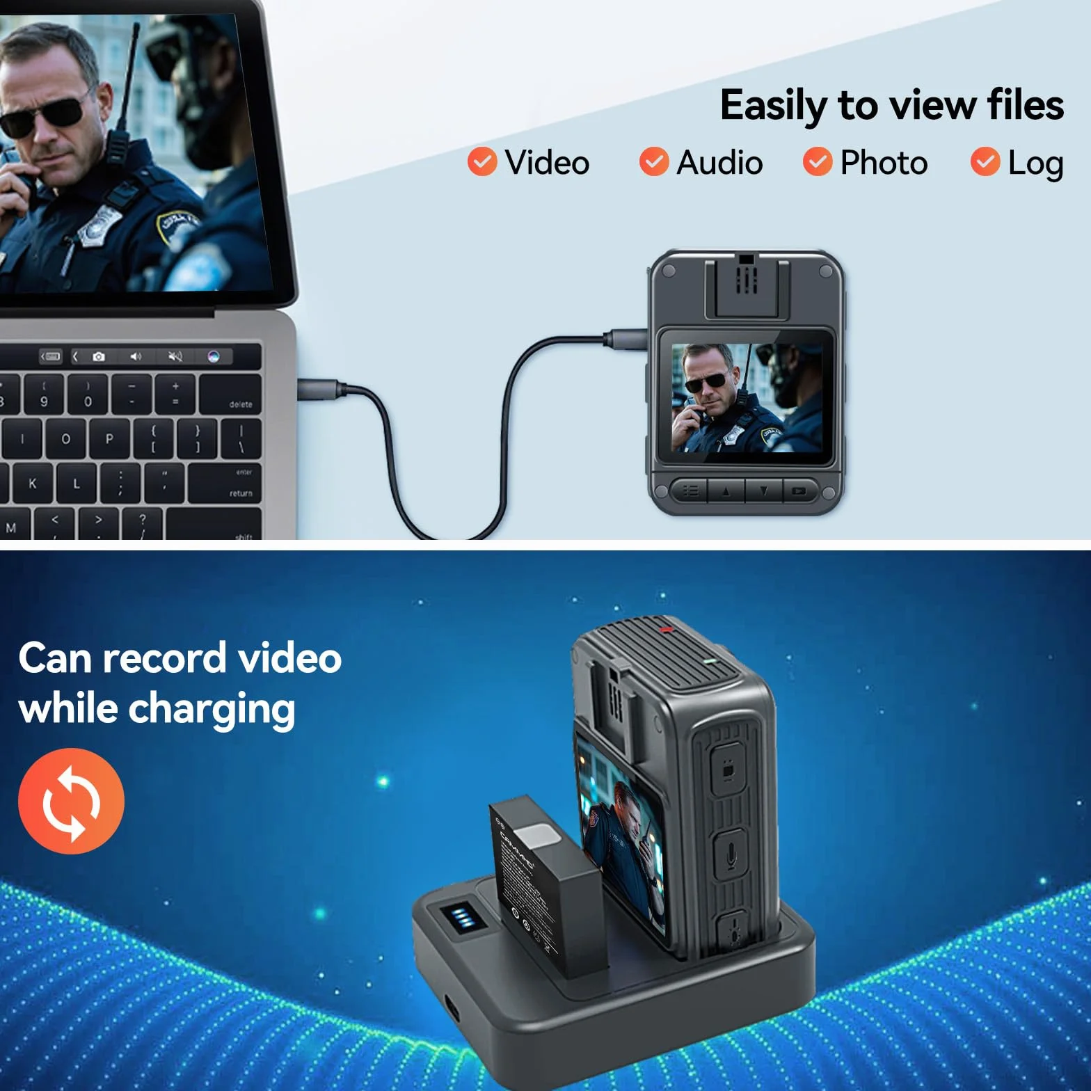 CAMMHD W8-128GB 4K Anti Shake Body Cam 2 batterie 4000mAh con 10 ore di registrazione video, crittografia dati Ultra HD Night Vision Bodycam con dock di ricarica per polizia/sicurezza/escursionismo