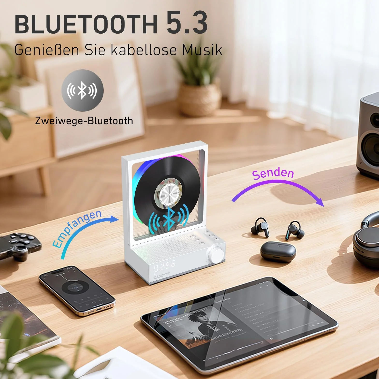 HOTT - Lettore CD portatile con telecomando, Bluetooth 5.3 Desktop CD con luci RGB, lettore CD con altoparlanti HiFi, supporta scheda TF, trascrizione, schermo LED, timer (grigio)