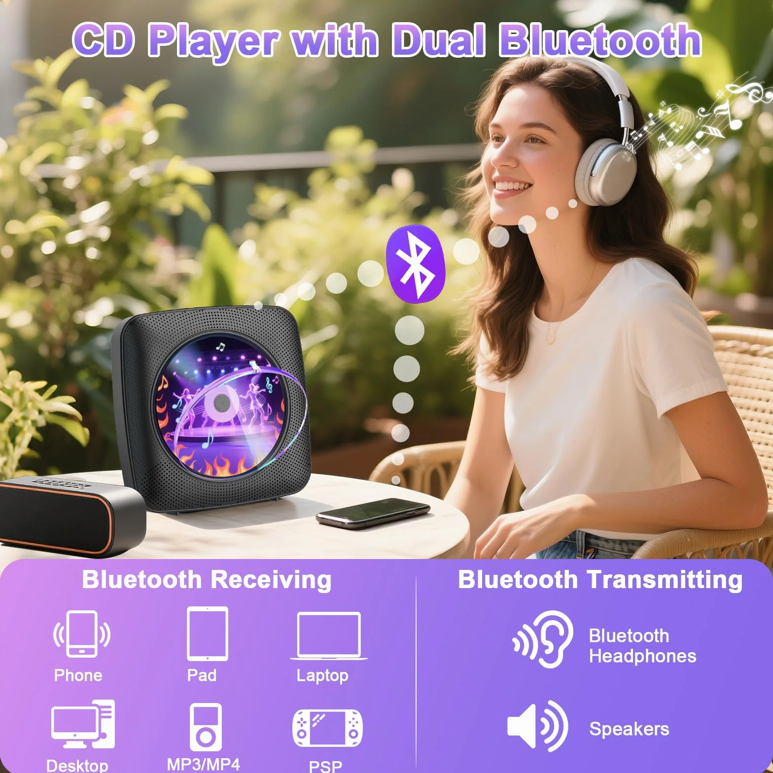 Gueray Lettore CD portatile Hifi Bluetooth con altoparlanti batteria ricaricabile 1800 mAh telecomando radio FM USB AUX Nero