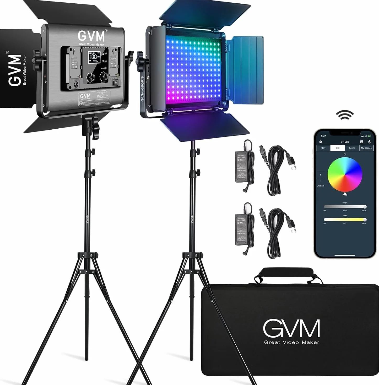 GVM Luce Video RGB 50W 680RS - Set Illuminazione LED Continua 3200K-5600K Con Supporto per Studio Fotografico, Video, YouTube - Controllo APP