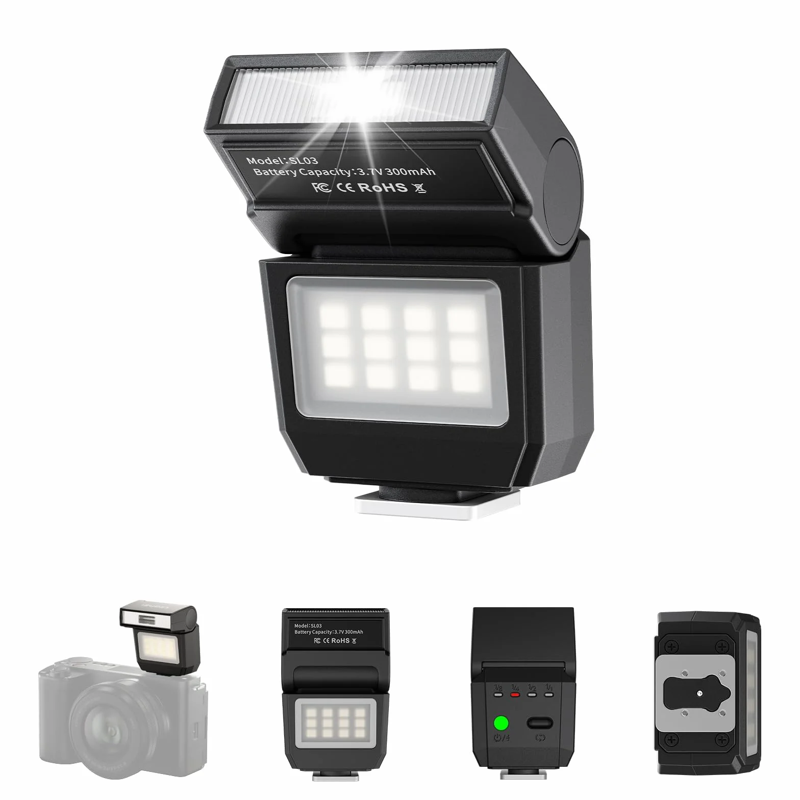 ULANZI SL03 Mini flash Speedlite GN8 6500K Angolo 90° regolabile per fotocamera