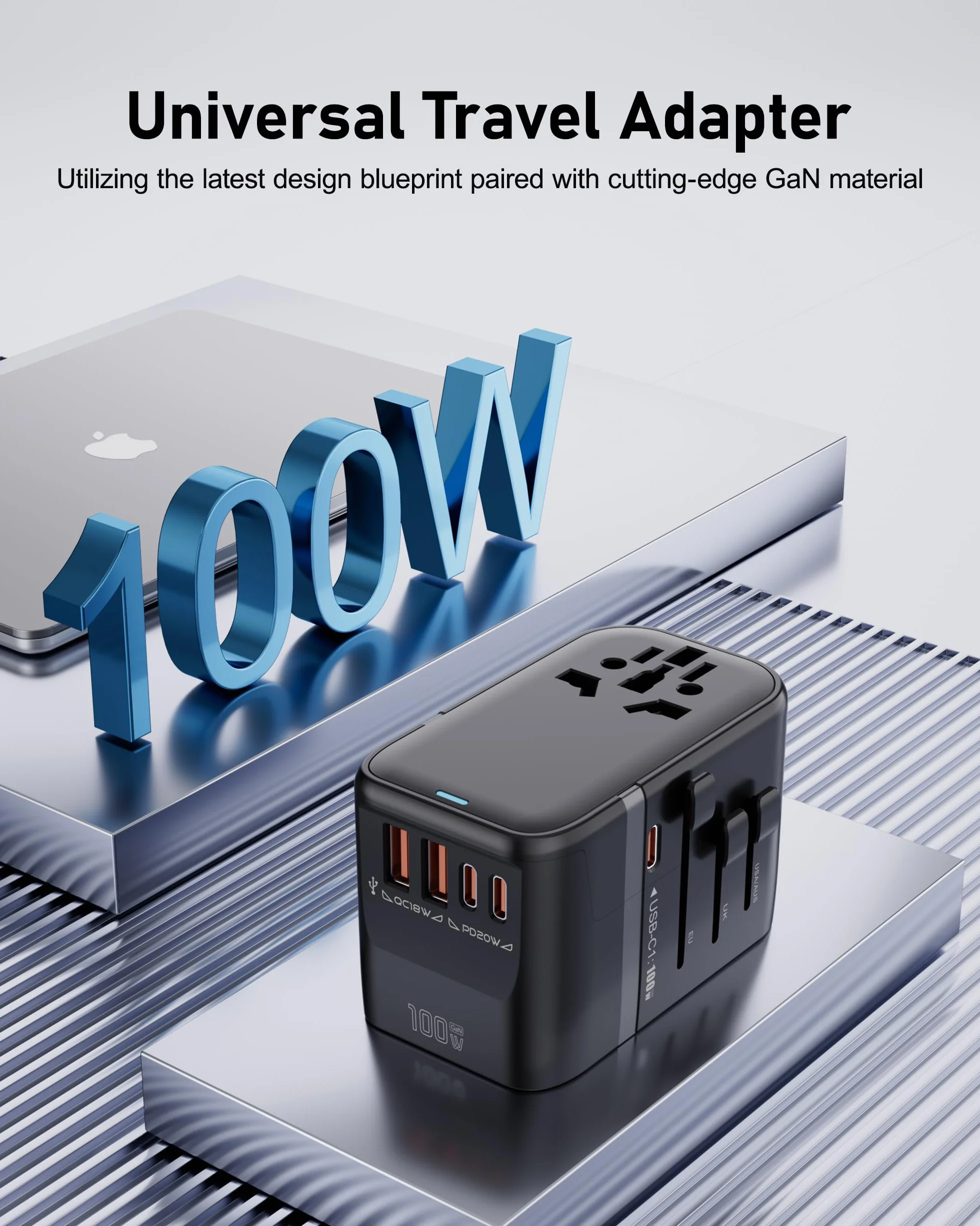 100W GaN Universal Travel Adapter International Power Adapter 5 USB 3 USB C Charging Ports European Travel Plug Adapter Worldwide