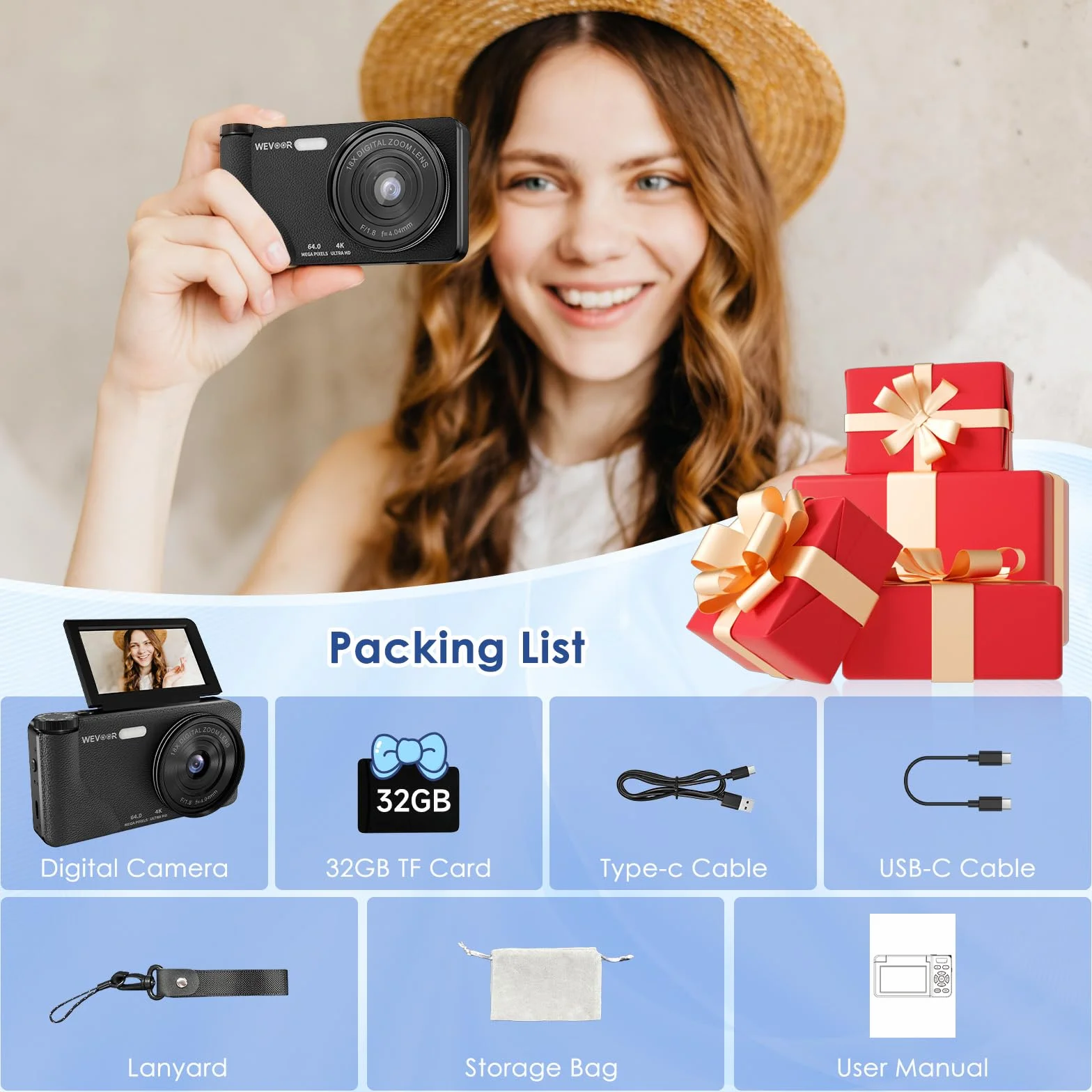 Macchina Fotografica Digitale 4K 64MP, Wevoor Fotocamera Digitale Compatta 32GB con Flip 180° da 3", Zoom Digitale 18x, Batteria da 2000 mAh, Digital Camera Per Principianti Adolescen Bambini - Nero