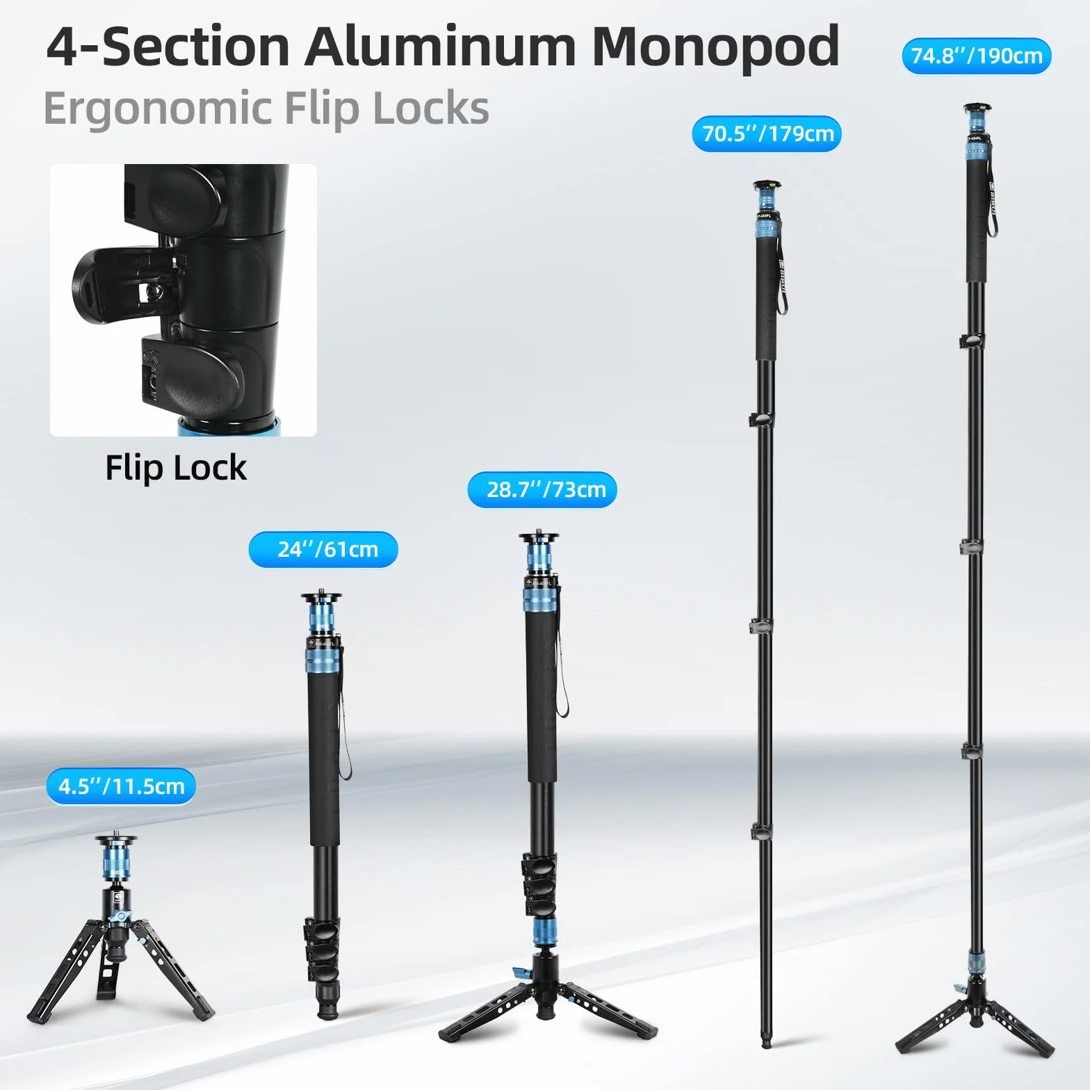 SIRUI AM-404FL Monopiede Video, 190cm Monopiede Fotografico Professionale con Base, Portatile Monopiedes da Viaggio in Alluminio a 4-Sezioni per Fotocamera Reflex, Videocamera, Carico Massimo 12KG