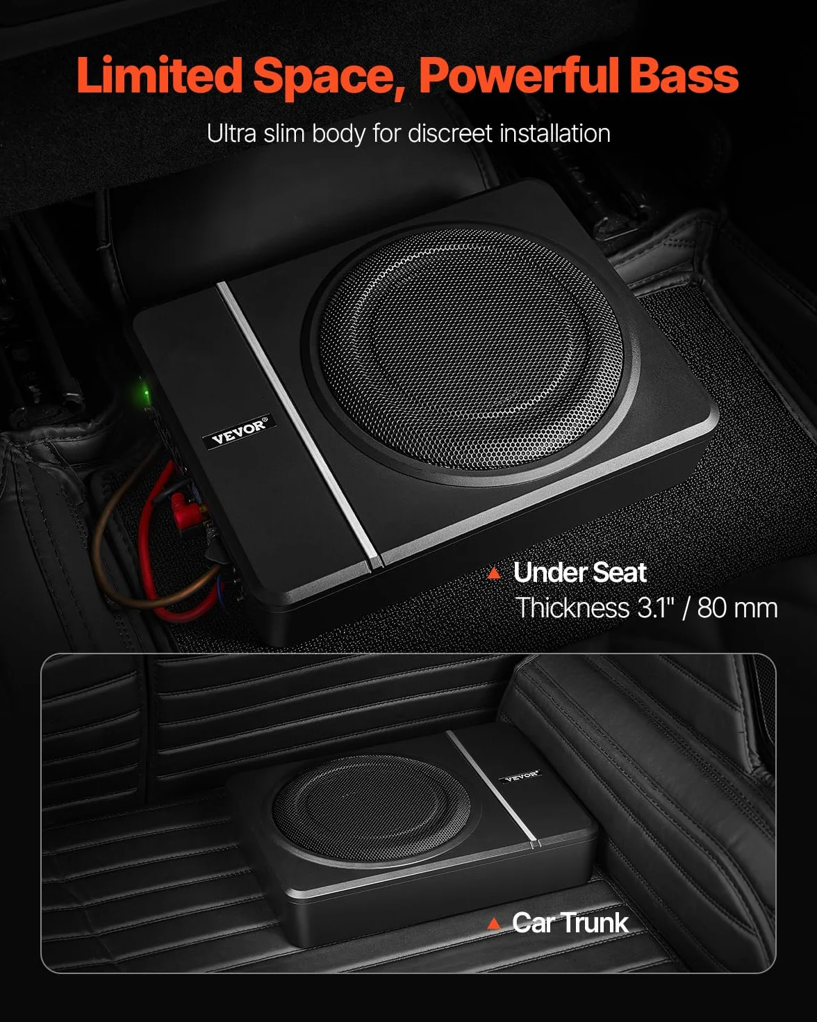 VEVOR Subwoofer per Auto Sotto Sedile, Subwoofer Auto Sottile Sistema Audio a Basso Profilo, Audio con Amplificatore integrato, Ingresso Livello Alto e Basso Regolatore del Volume 203 mm e 240W