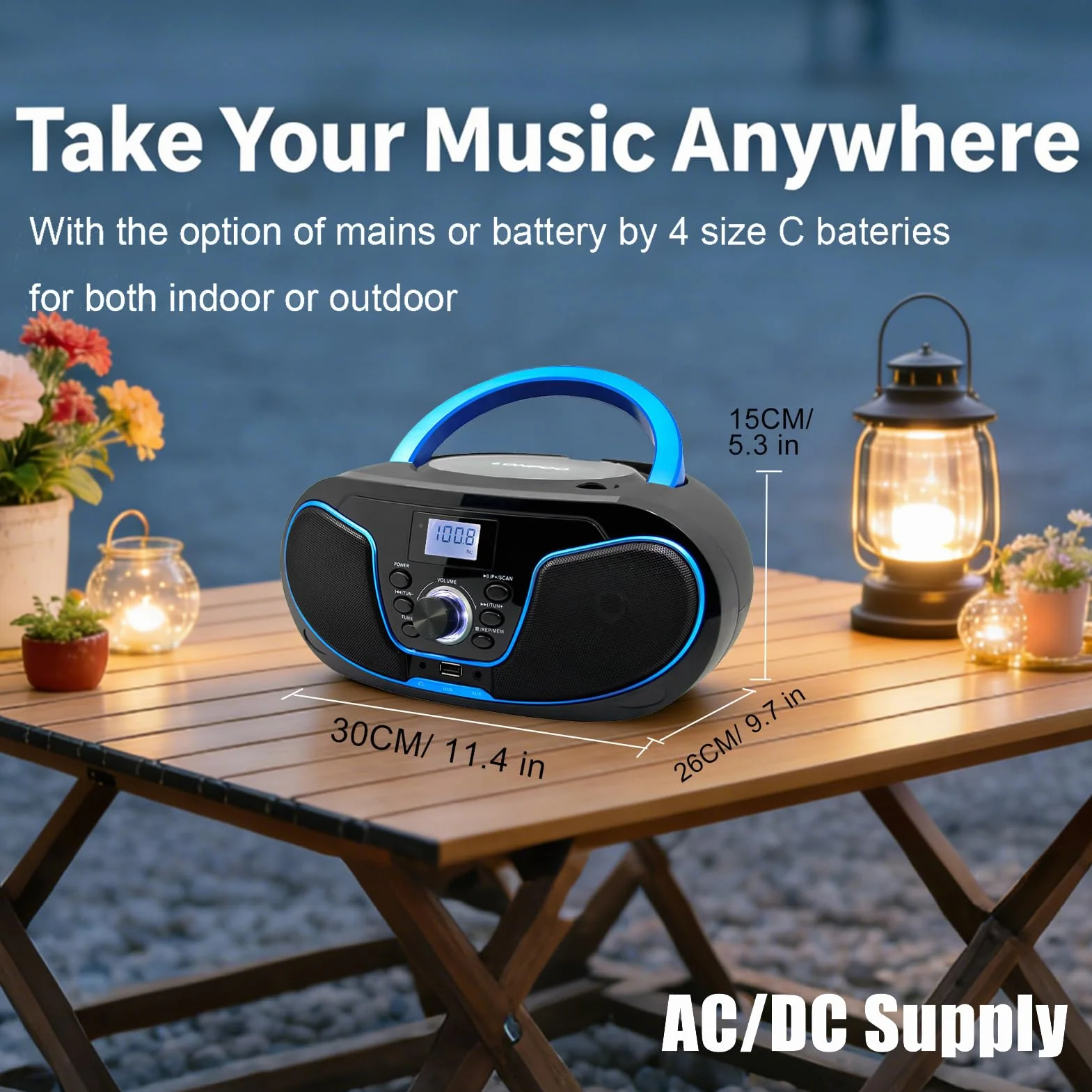 LONPOO Lettore CD Boombox Portatile - Stereo con Radio FM, Ingresso Bluetooth, USB, AUX, Uscita Auricolari, Audio Domestico Compatto, AC o Alimentato a Batteria (LP-D02)